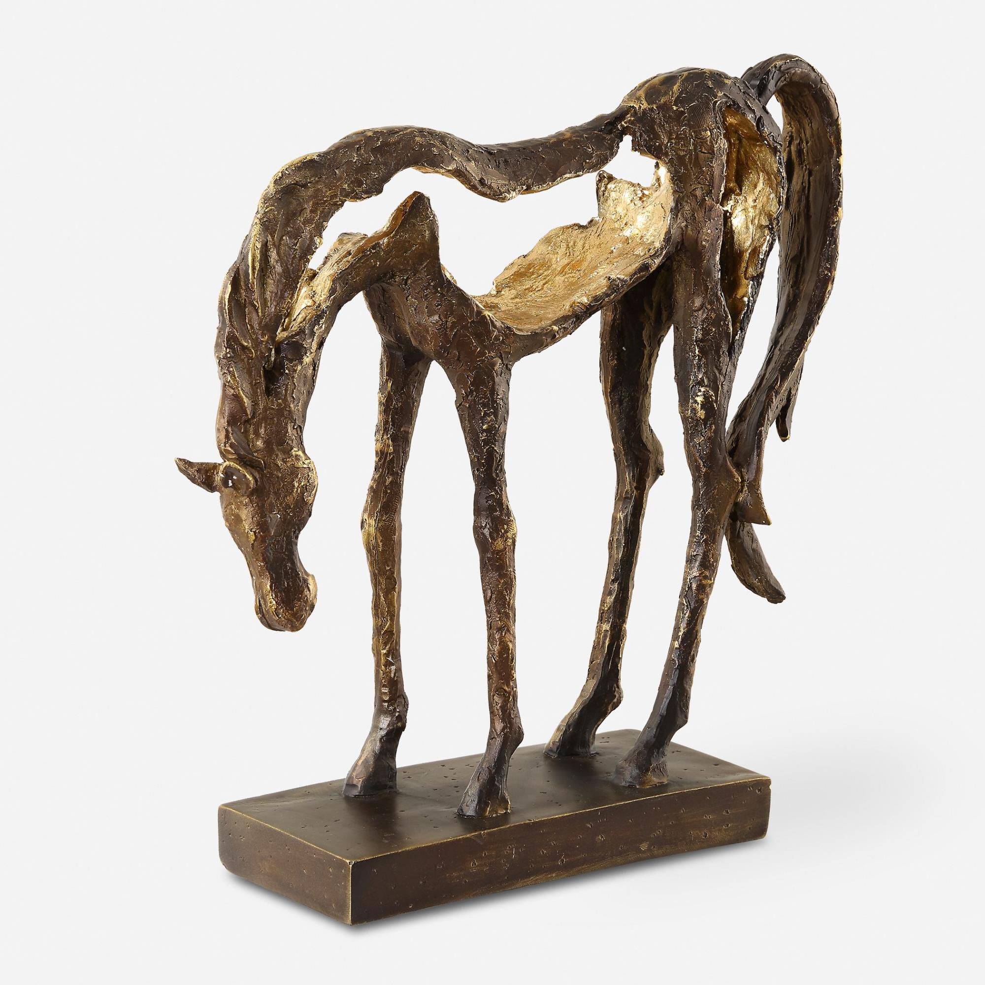 Shown in Openly Sculpted, Grazing Horse Sculpture Finished In A Heavily Textured, Antiqued Bronze With Dark B finish