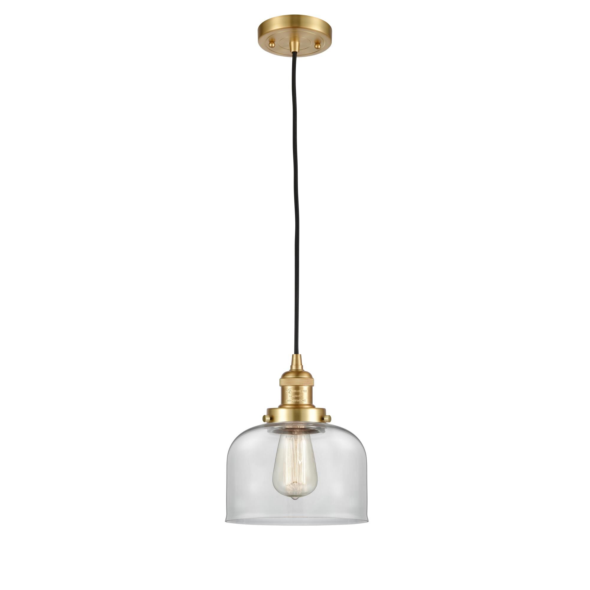 Shown in Satin Gold finish and Clear Large Bell glass