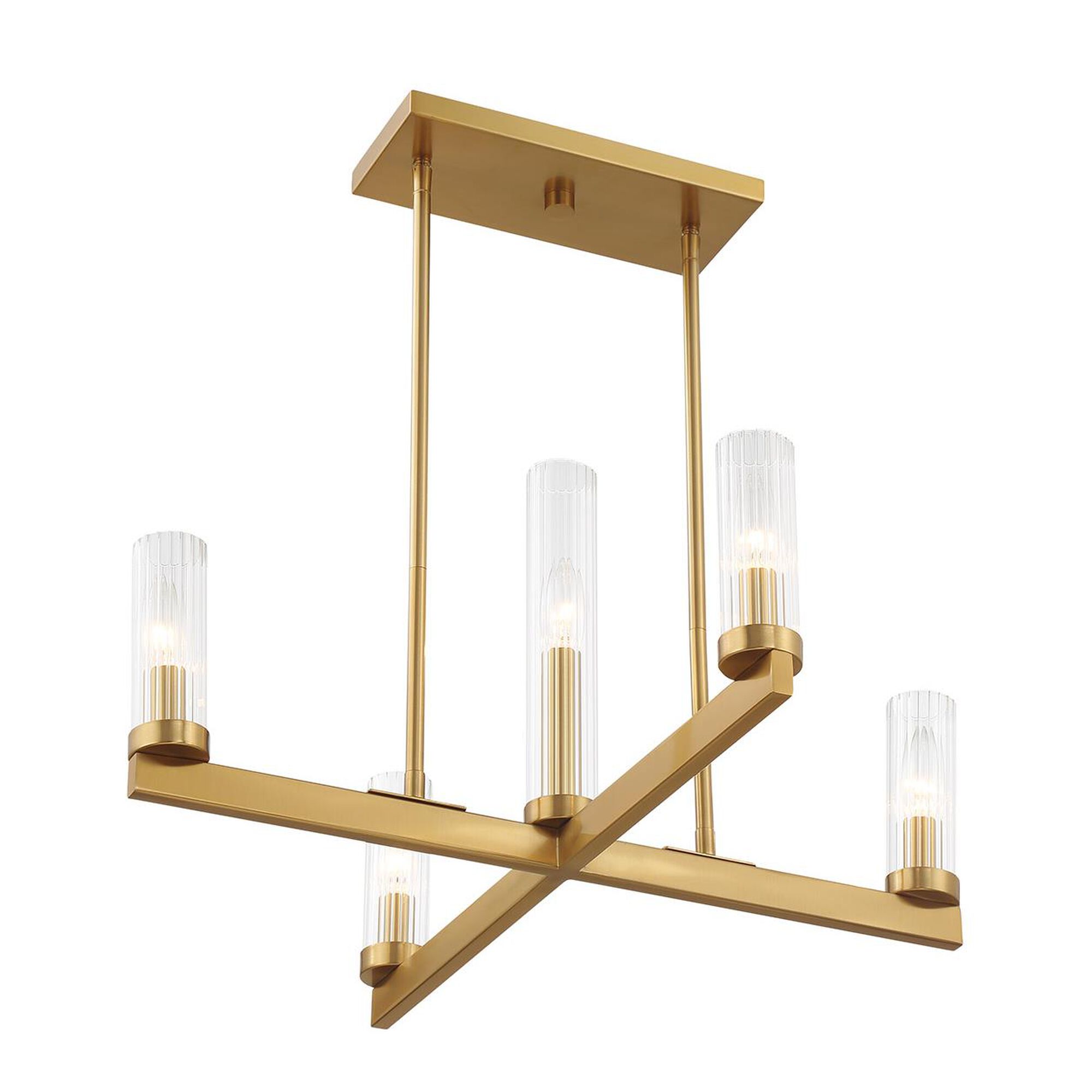 Shown in Warm Brass finish and Clear Ribbed glass