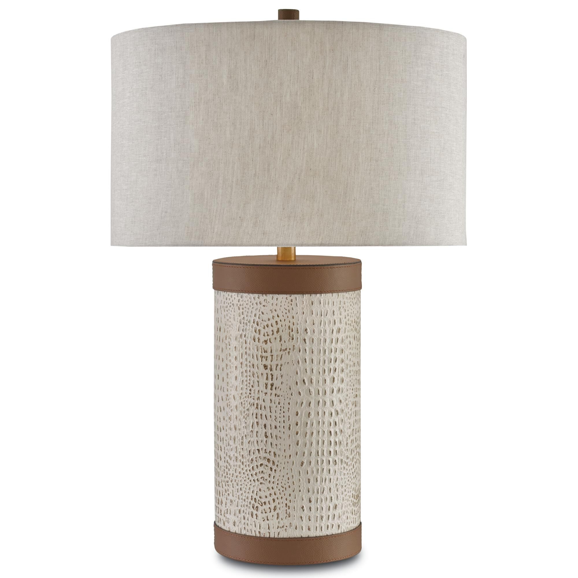 Shown in Ivory-Brown-Brushed Brass finish and Natural Linen shade