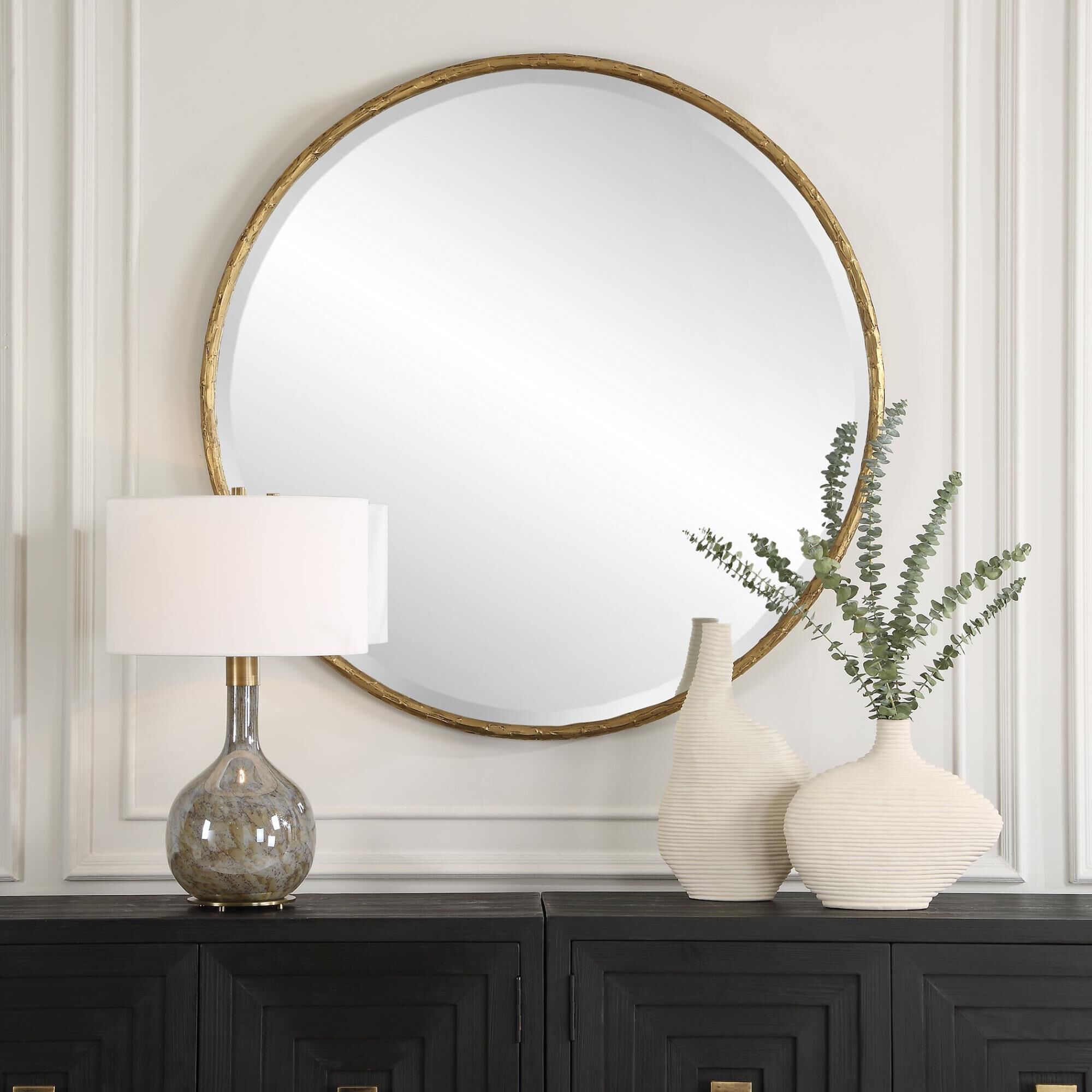 Shown in With Its Aged Gold Finish And Subtle Plaster Effect, The Sutton Round Mirror Is A Blend Of Timeless  finish