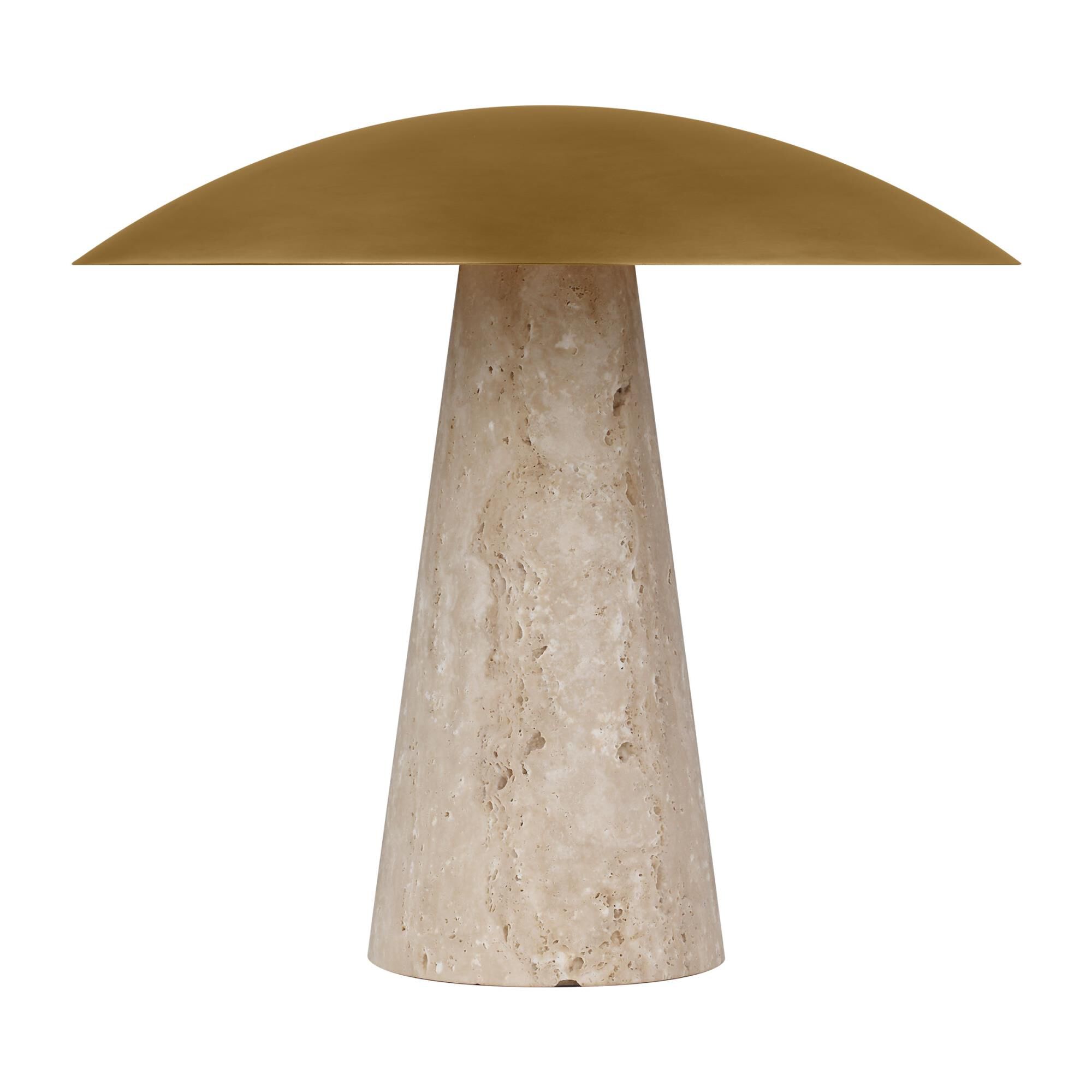 Shown in Natural Brass/Natural Travertine finish and Brass shade