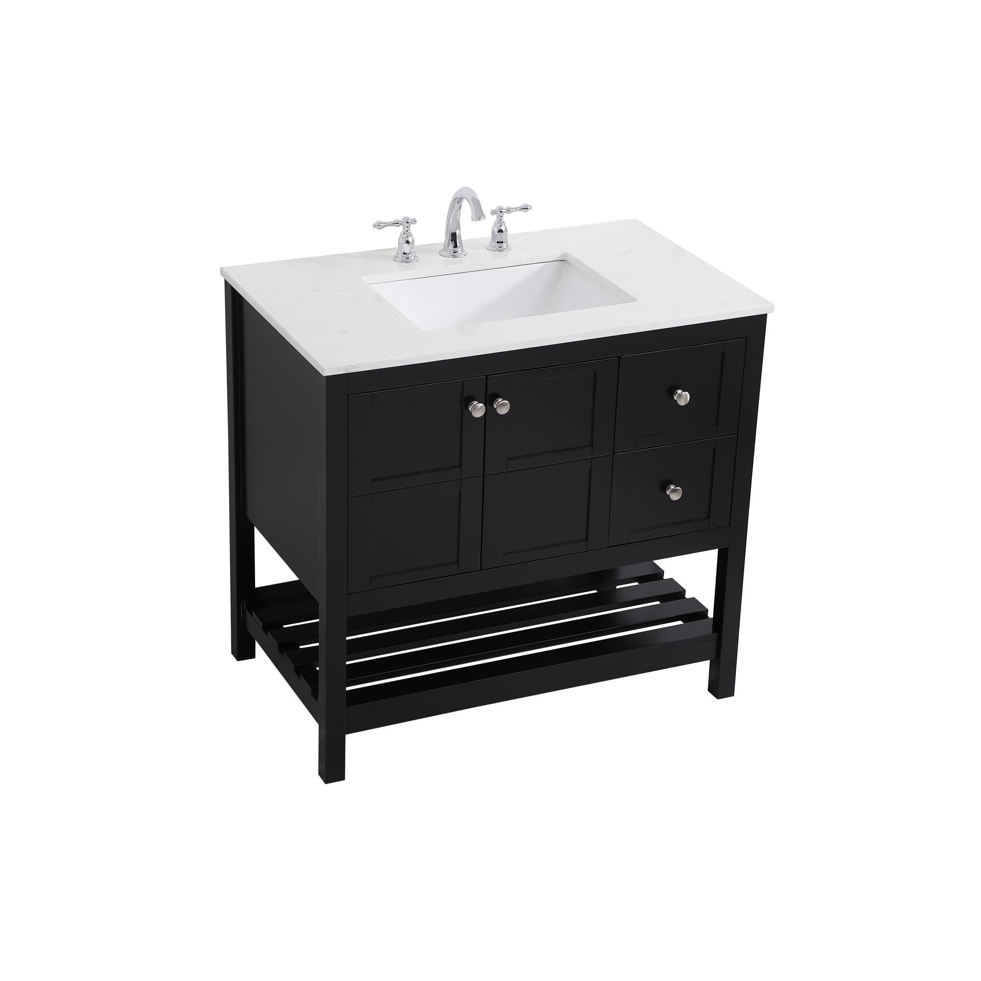 Shown in Black And Brushed Nickel With Calacatta Quartz finish