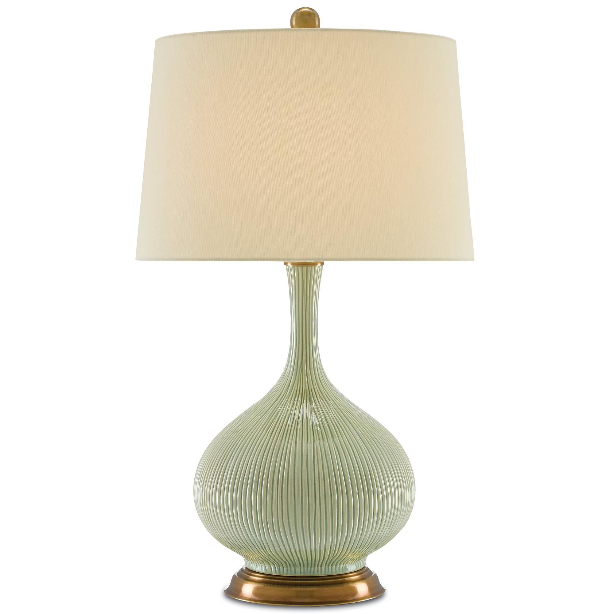 Shown in Grass Green-Antique Brass finish and Tan Sand Linen shade