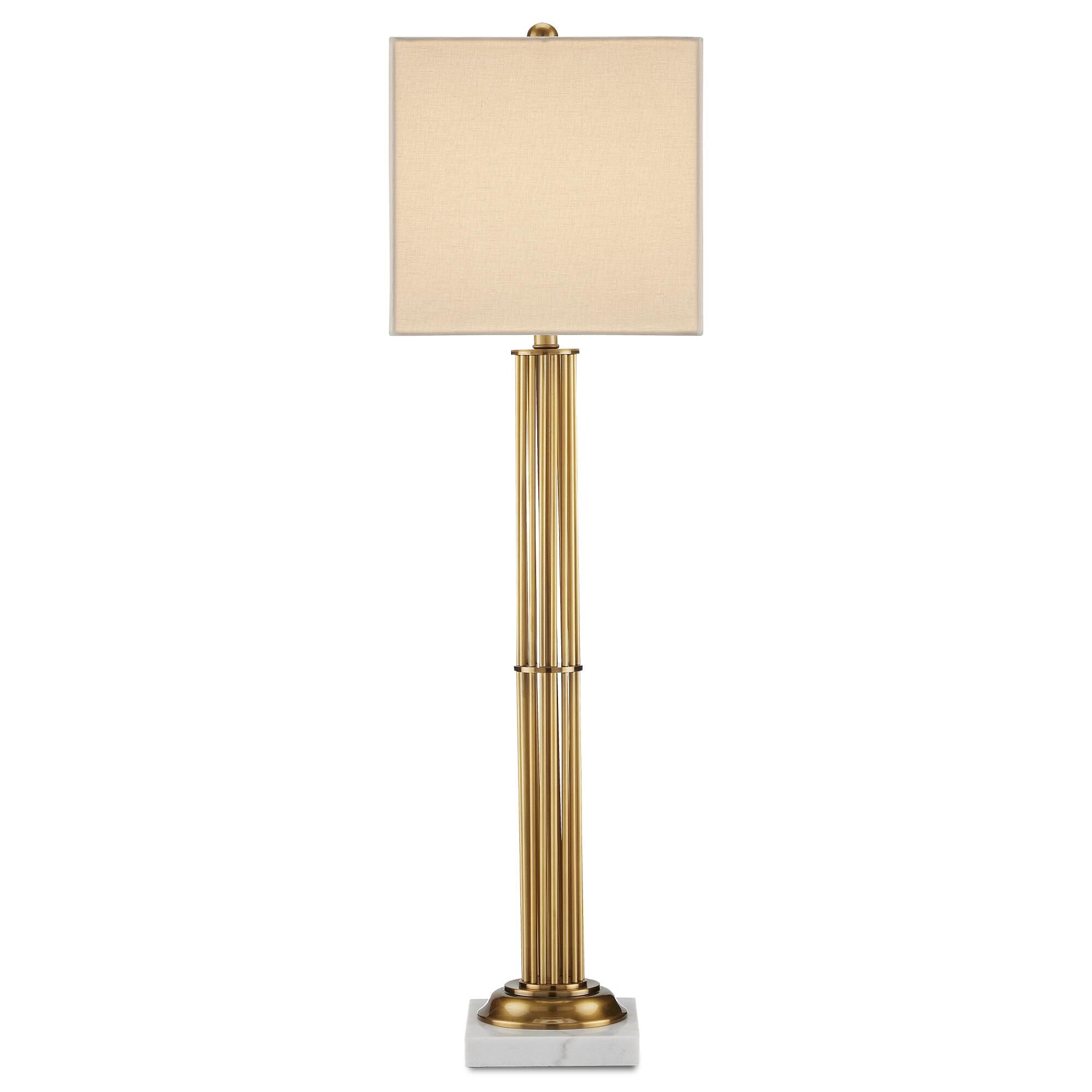 Shown in Antique Brass and White Marble finish and Bone Linen shade