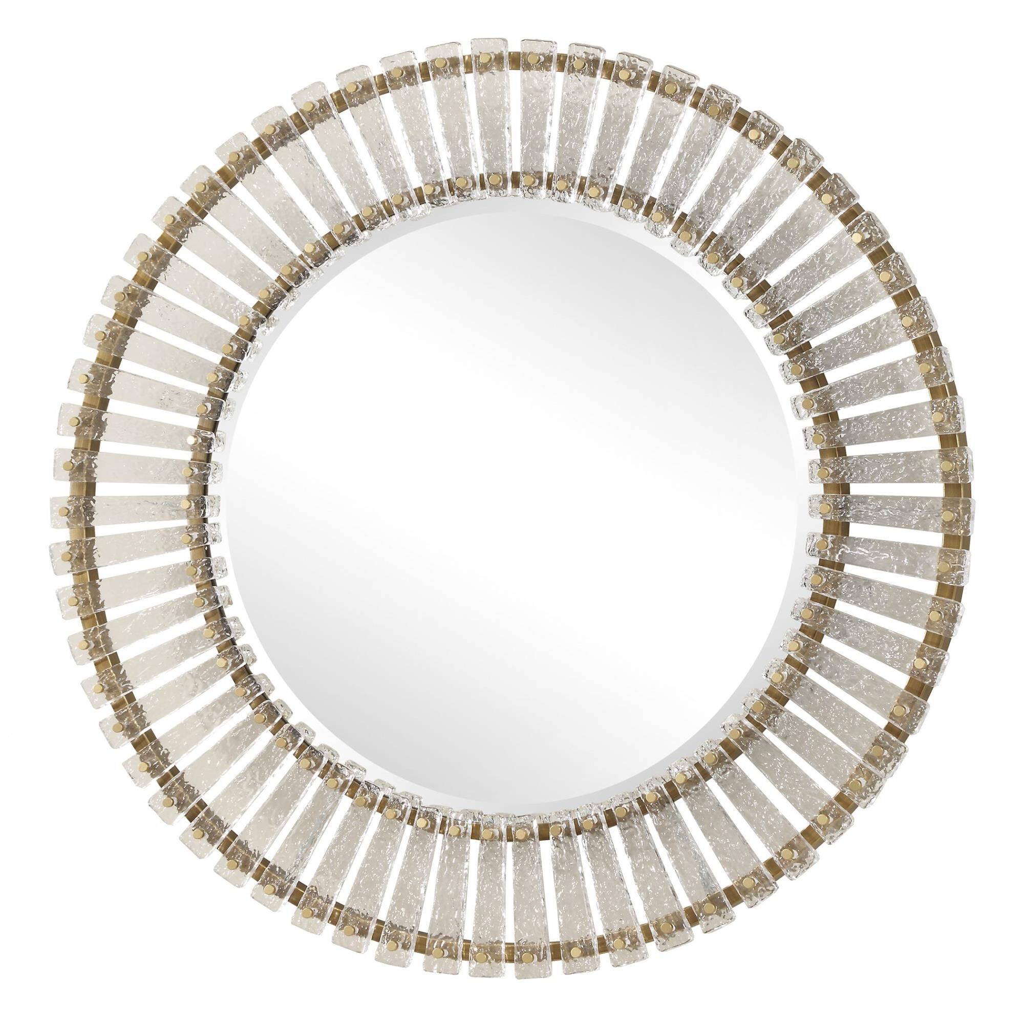 Shown in The Denali Round Mirror Features Textured Glass Keys Suspended Around Brushed Gold  Iron Frames. Mir finish