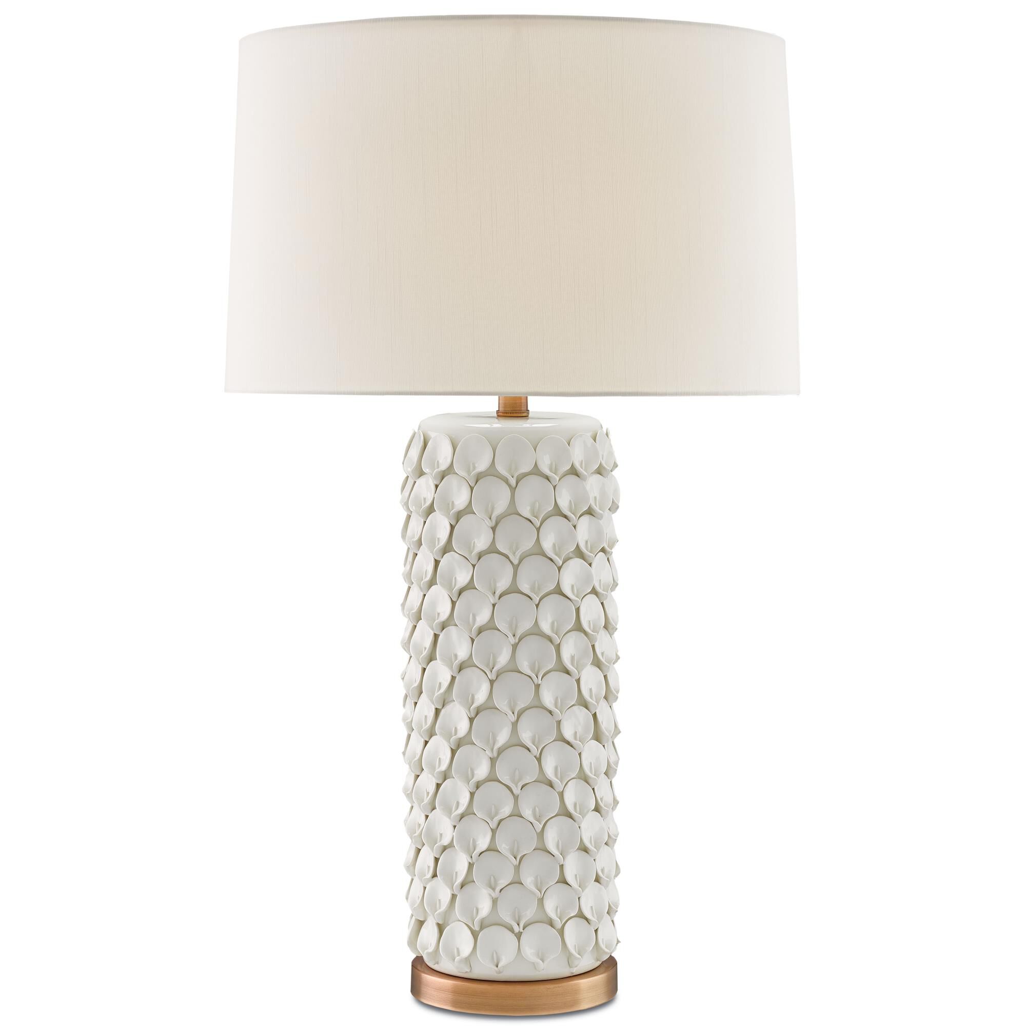 Shown in Cream-Antique Brass finish and Eggshell Shantung shade