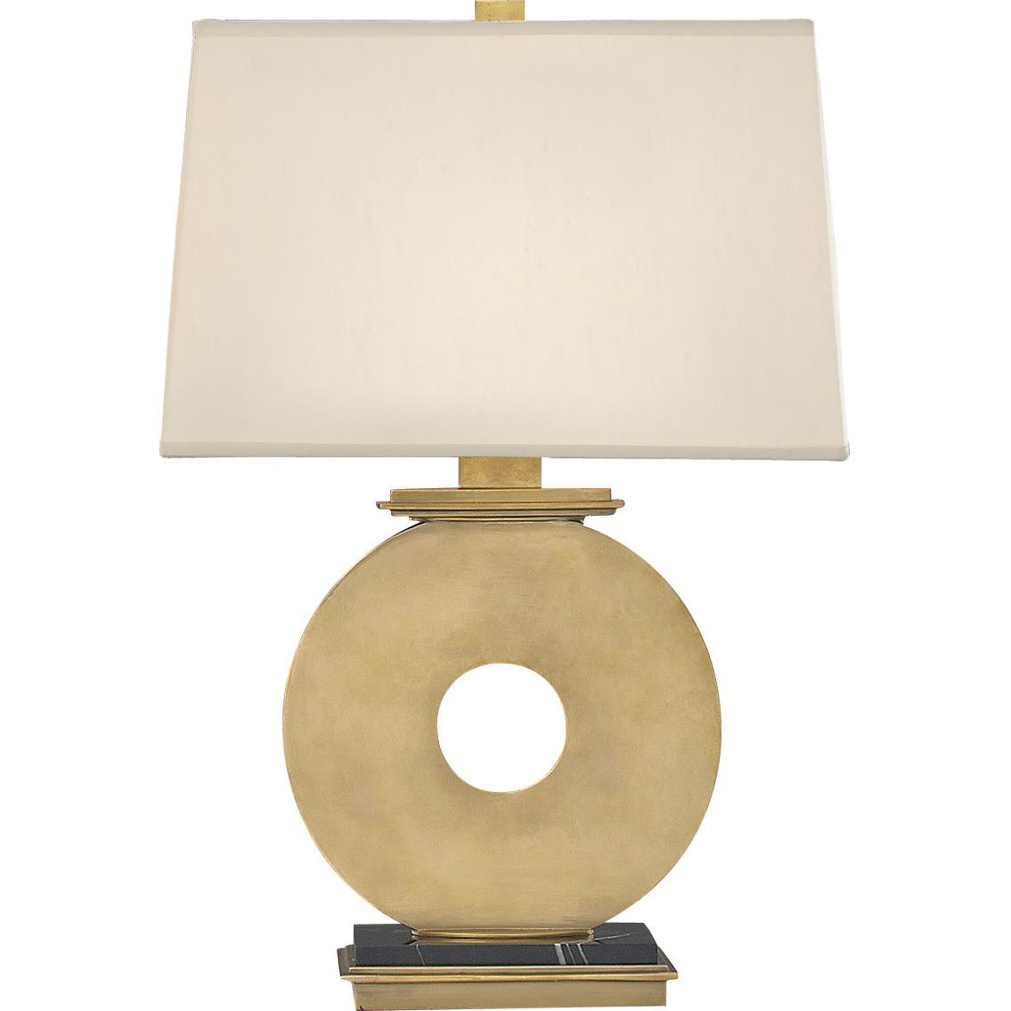 Shown in Natural Brass finish and Rectangular Pale Shell Dupioni Fabric shade