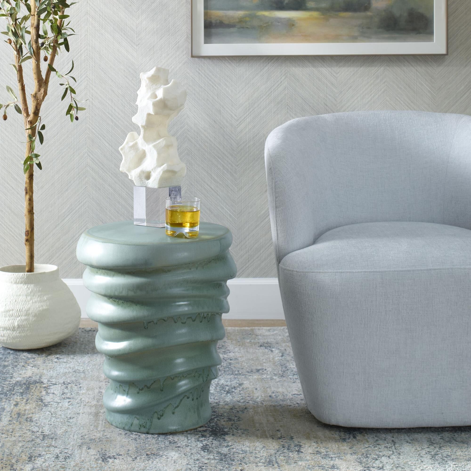 Shown in Adding An Artistic Touch With Its Irregular Design The Skye Garden Stool Is Finished In A Light Aqua finish