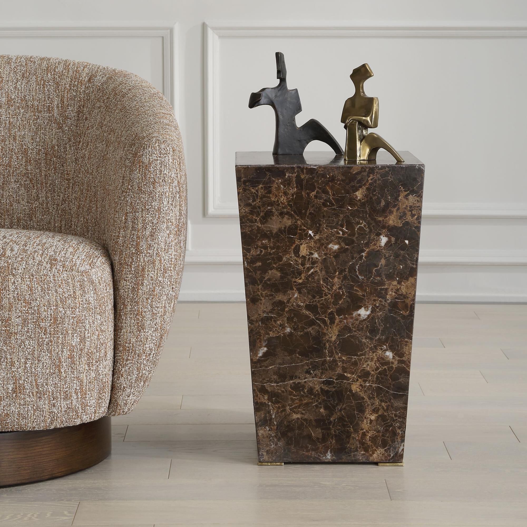 Shown in Combining Clean Lines And Rich Emperador Brown Marble Gives This Accent Table Its Pristine Aesthetic finish