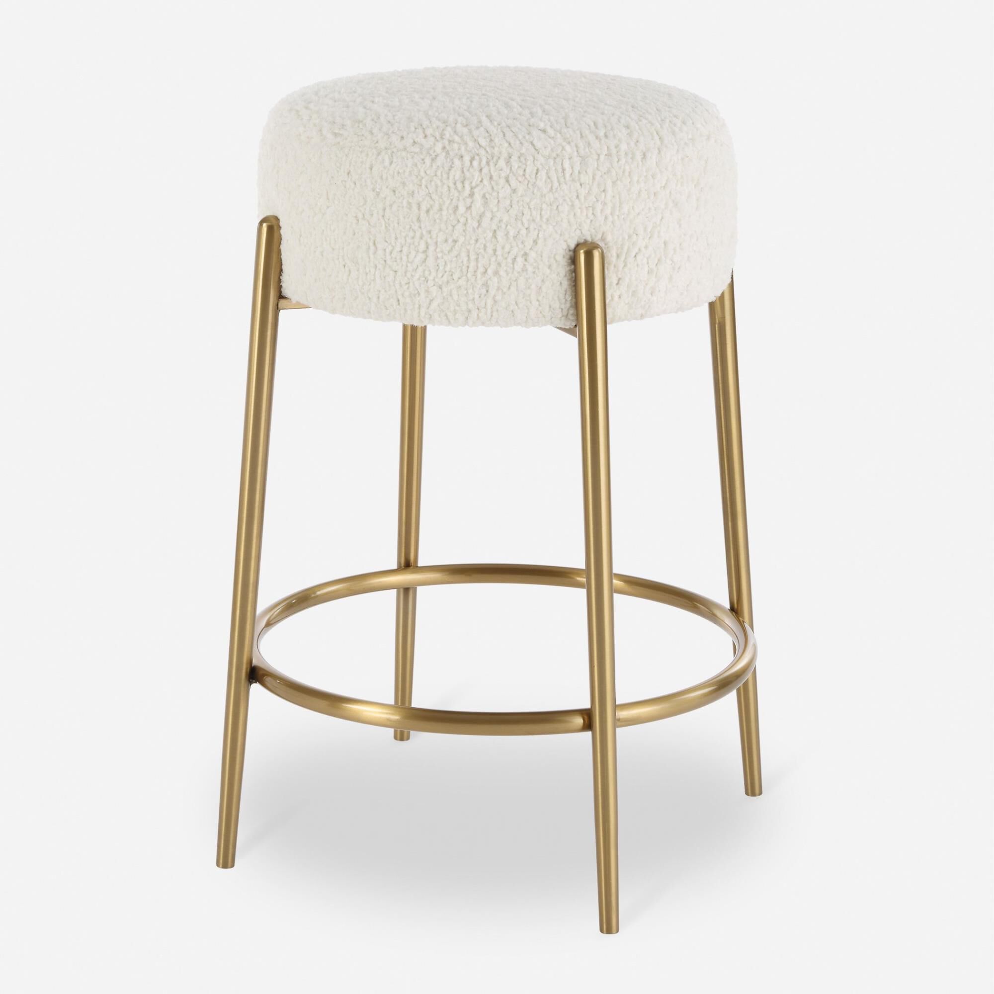 Shown in This Plush Counter Stool Is Covered In A Luxurious White Faux Shearling, Suspended Within Brushed Br finish