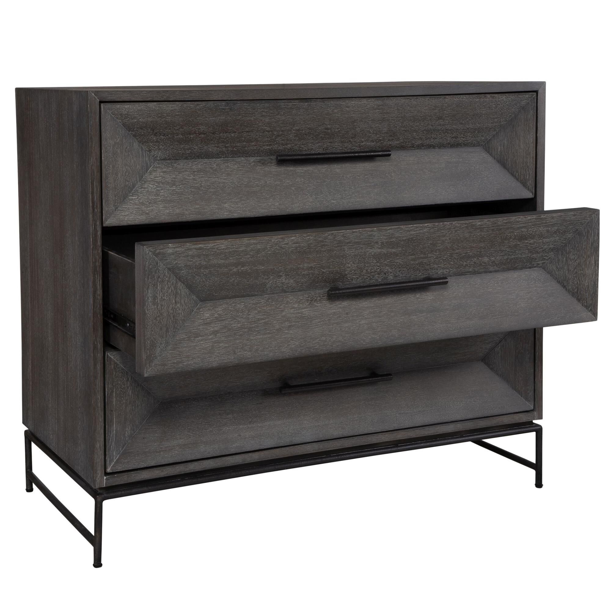 Shown in Displaying Balanced Elegance Through Its Three Symmetric Drawers This Chest Is Crafted From Rich Aca finish