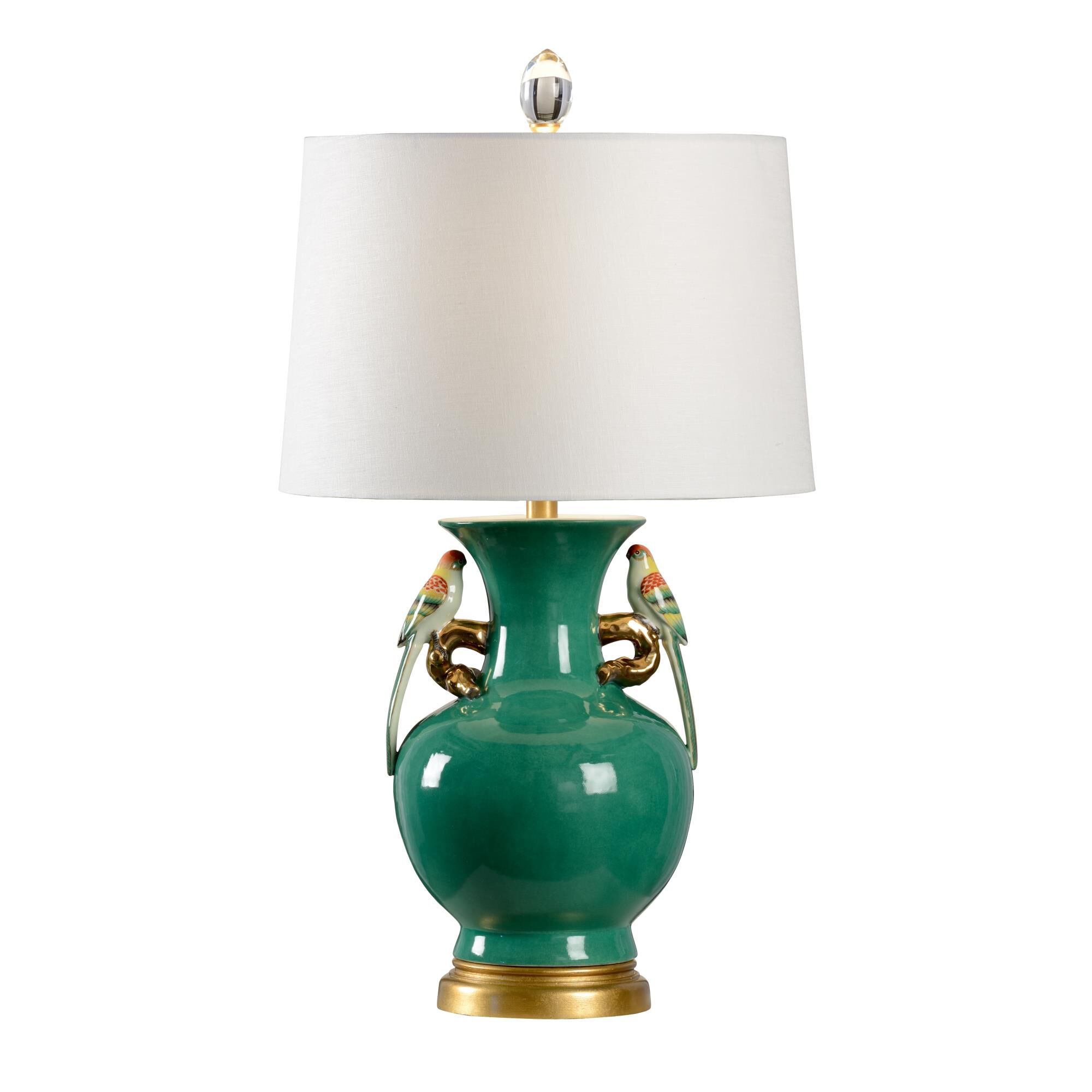 Shown in Green-Gold Leaf finish and Off White Linen shade