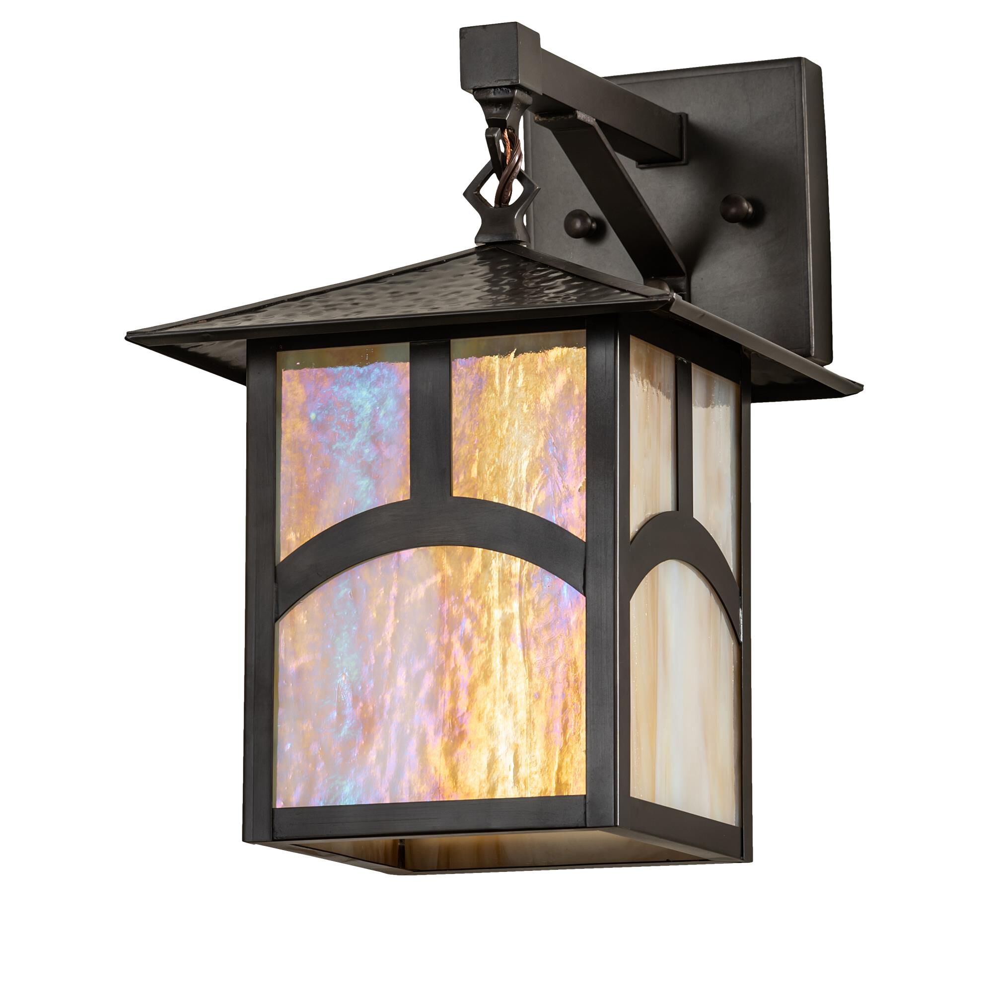 Shown in Craftsman Brown Finish finish and Beige;Iridescent glass