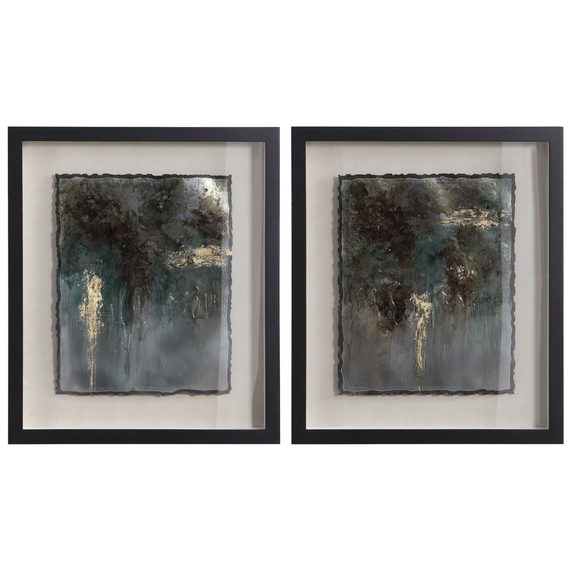 Shown in Silver Leaf, Gold Leaf, Green, Black, Burned Edges, Beige Background, Shadowbox Frame, Glass, Dark G finish