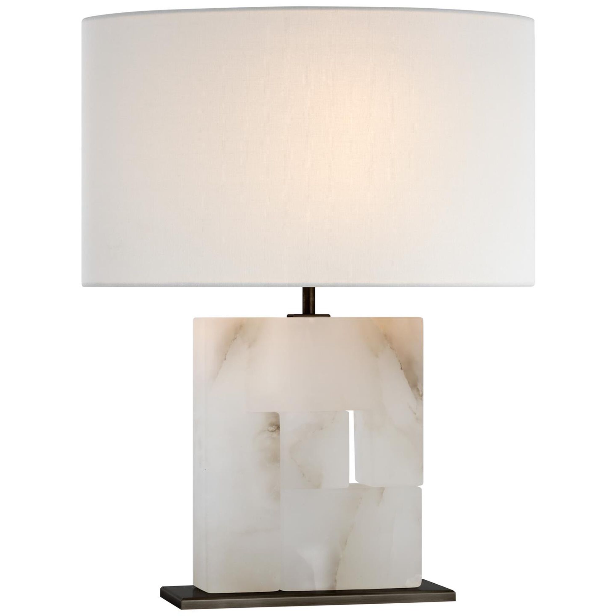 Shown in Alabaster and Bronze finish and Linen Oval shade