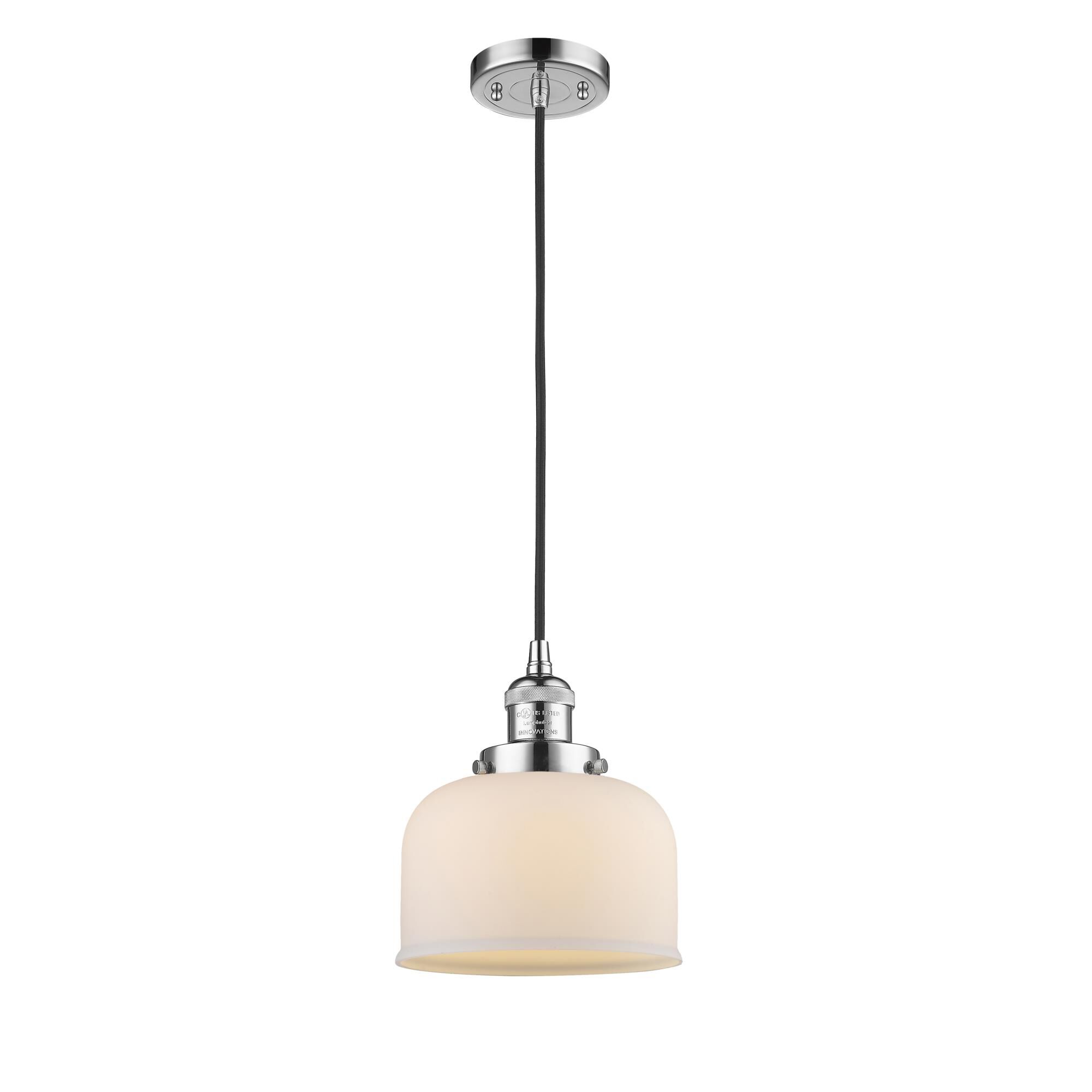 Shown in Polished Chrome finish and Matte White Cased Large Bell glass and Cord accent