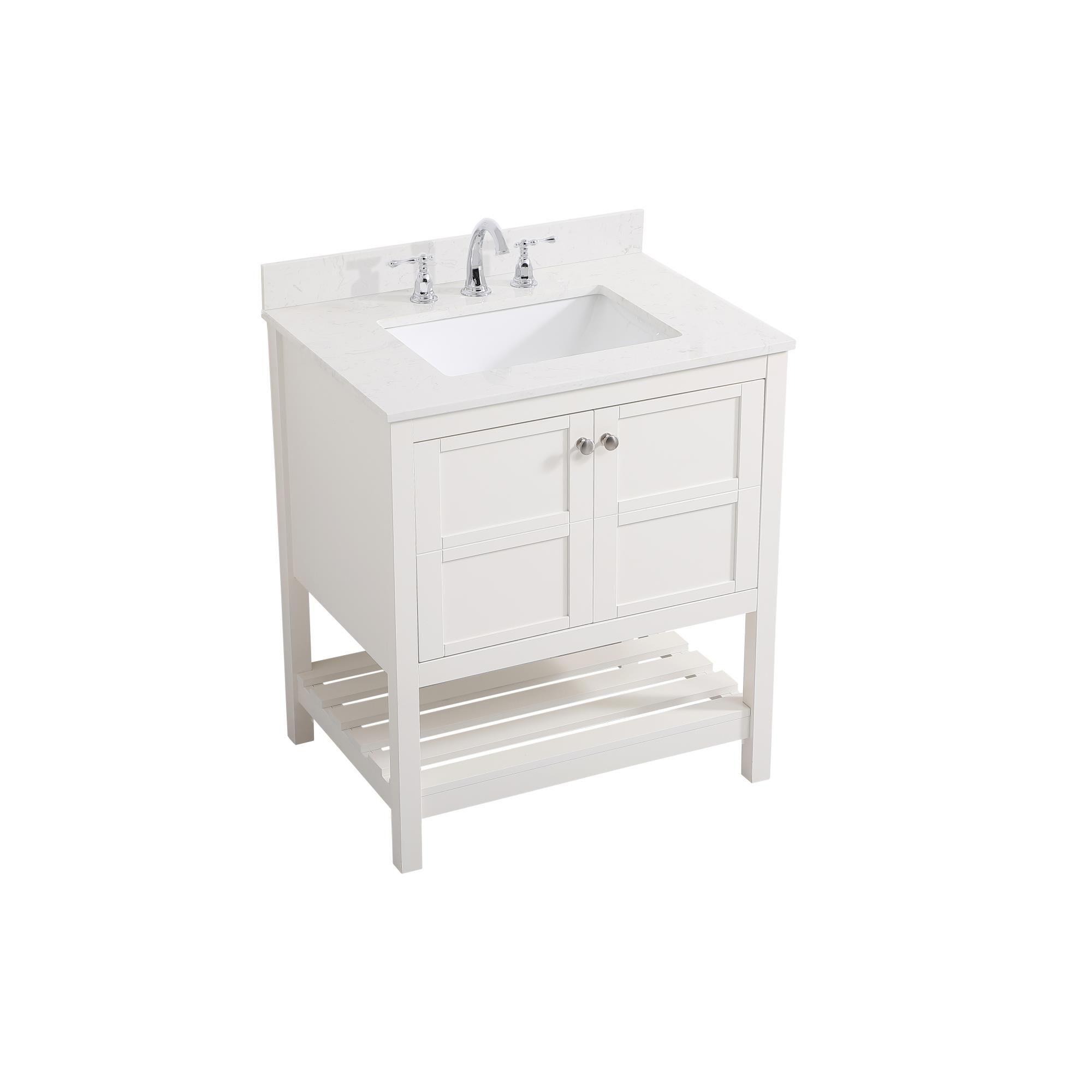 Shown in White And Brushed Nickel With Calacatta Quartz finish