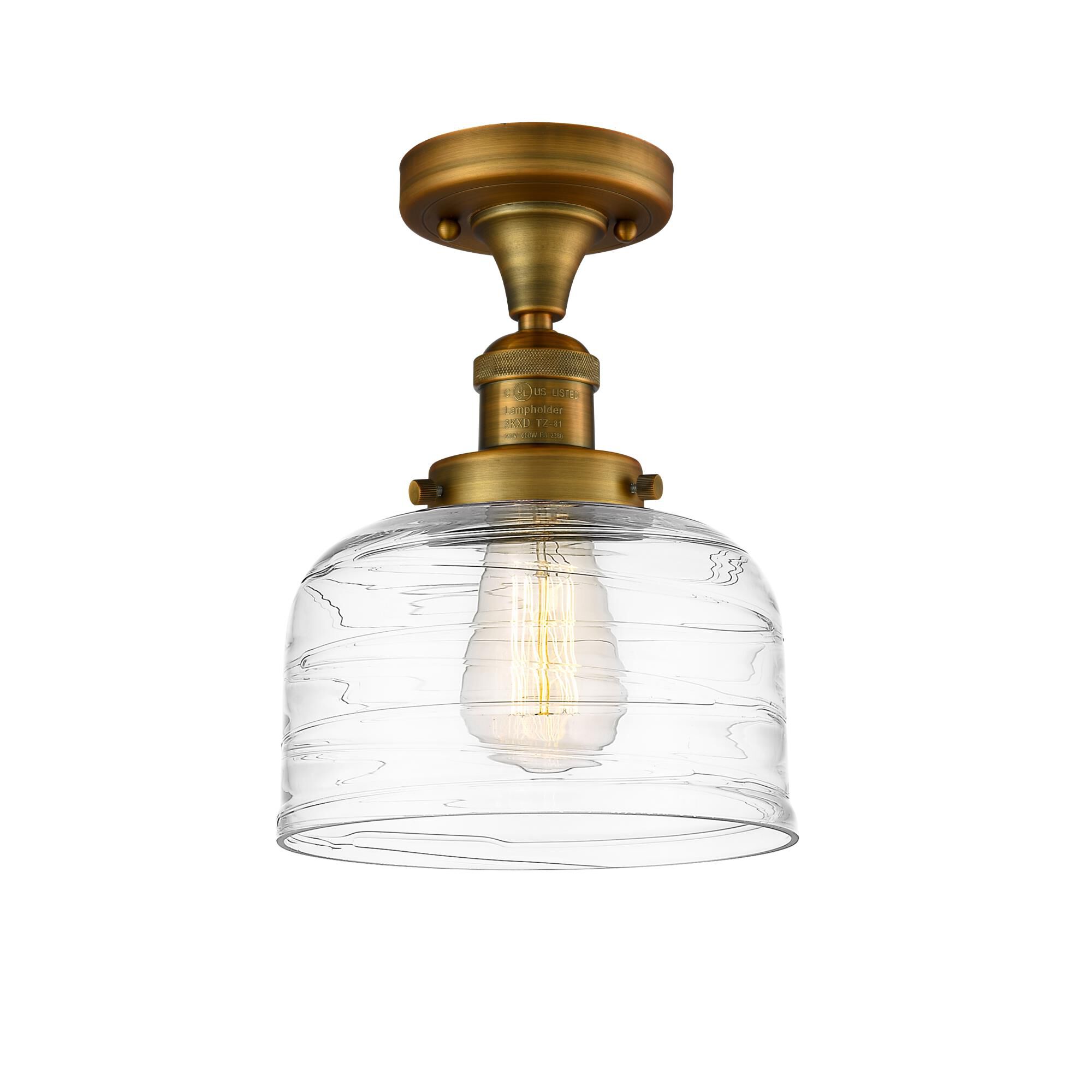 Shown in Brushed Brass finish and Clear Deco Swirl Large Bell glass