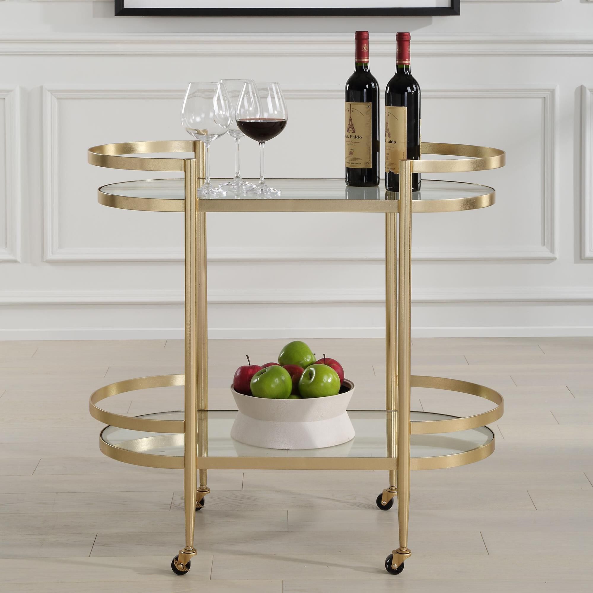 Shown in A Refined Serving Cart, Forged With A Beautiful Soft Gold Leaf Finish Made Completely From Iron. The finish