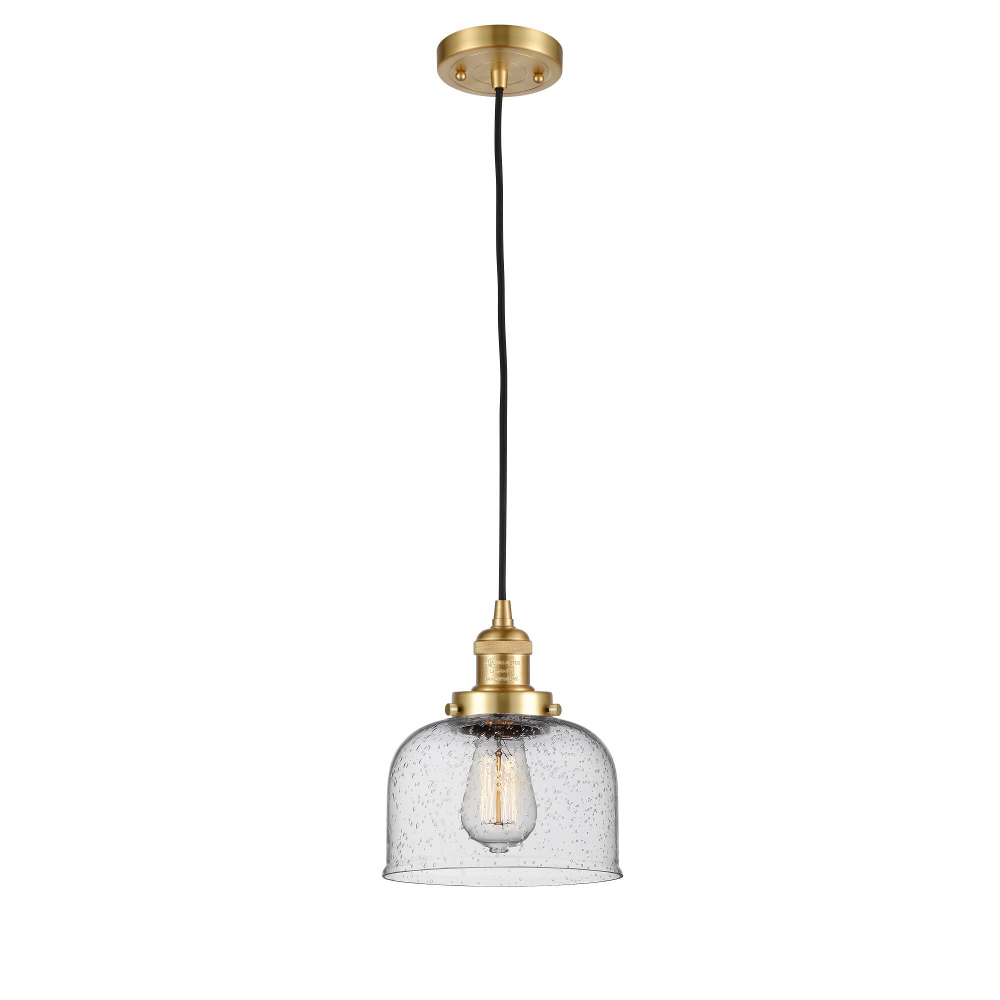 Shown in Satin Gold finish and Seedy Large Bell glass