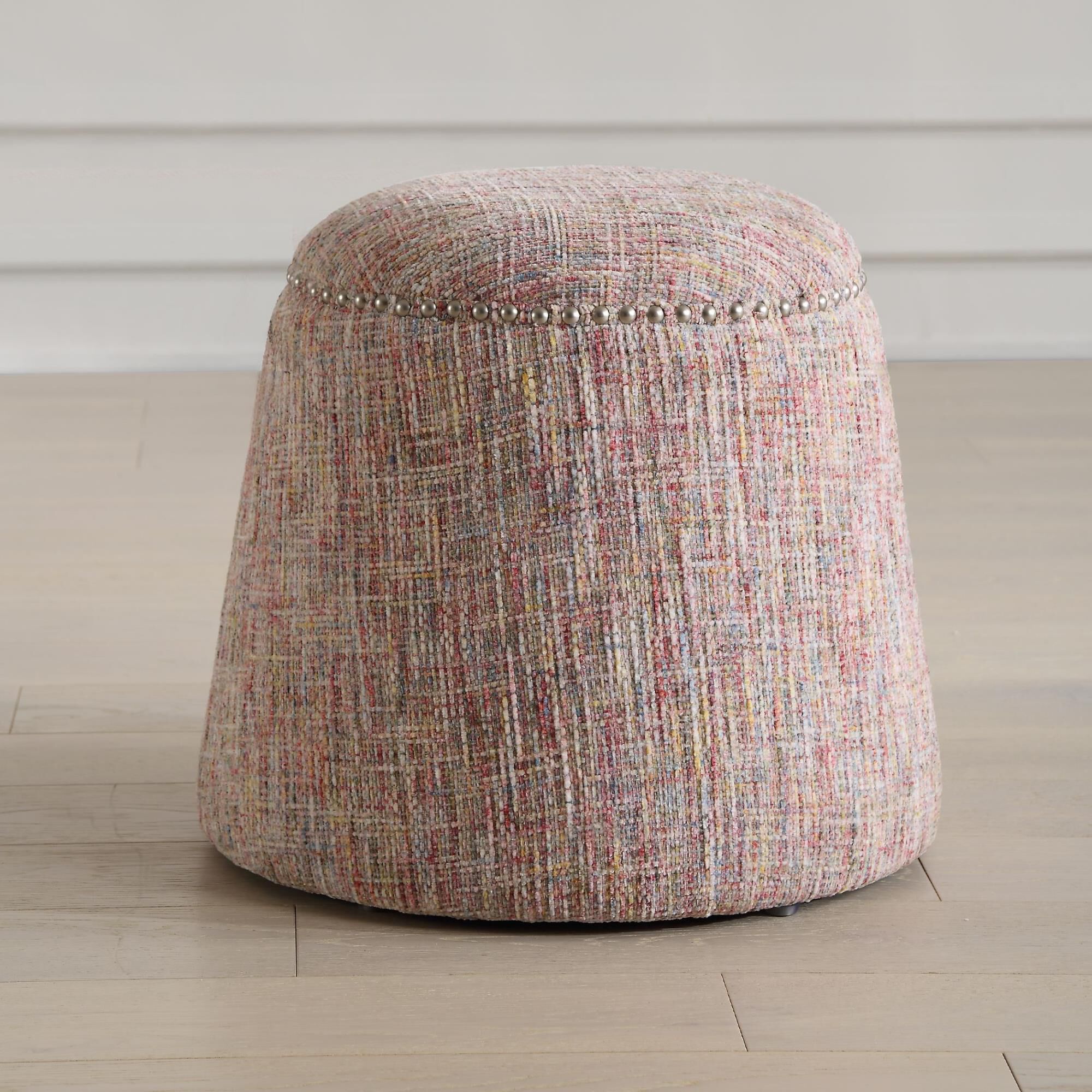 Shown in This Plush Ottoman Is Covered In A Playful Confetti Chenille Fabric Accented With Brushed Nickel Nai finish