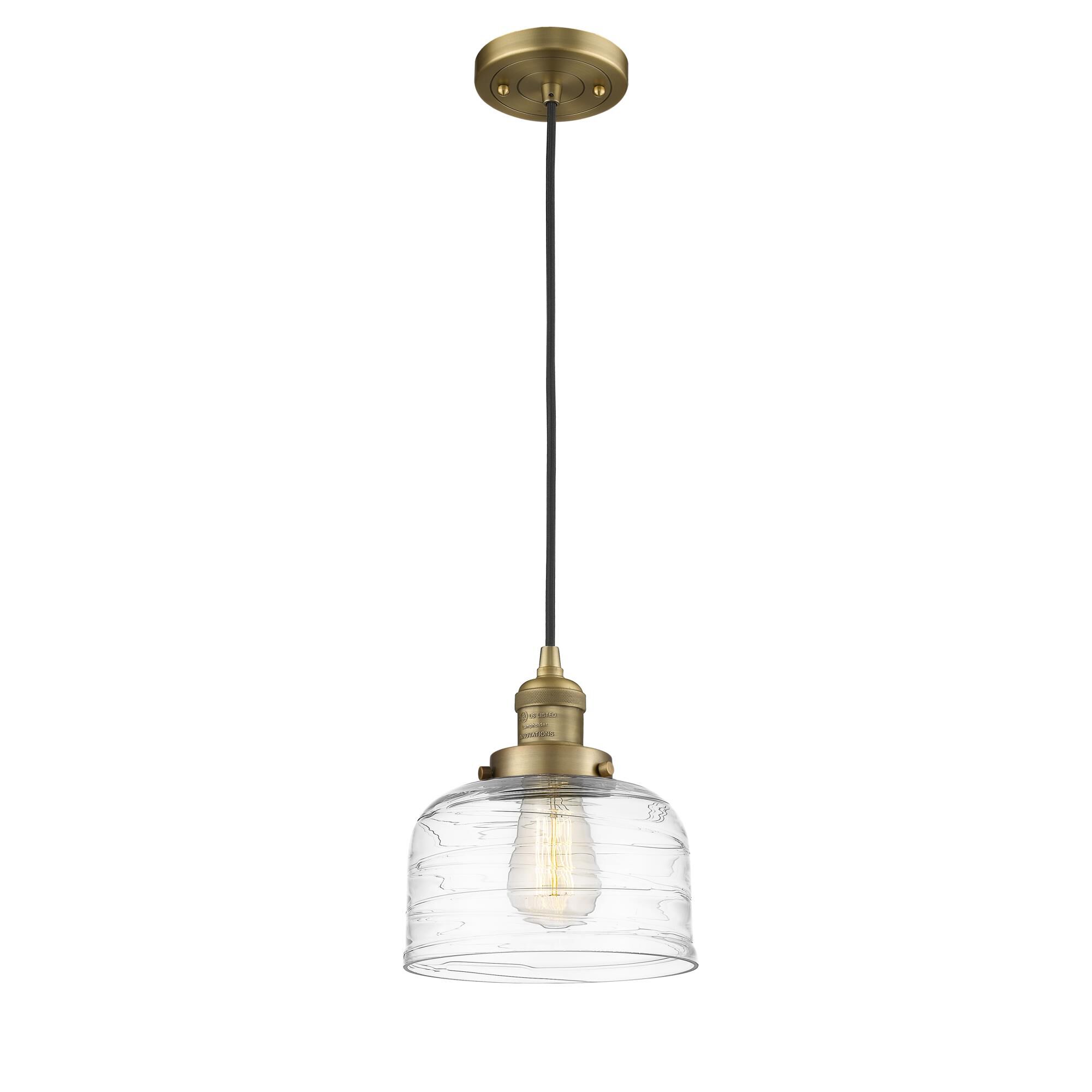 Shown in Brushed Brass finish and Clear Deco Swirl Large Bell glass