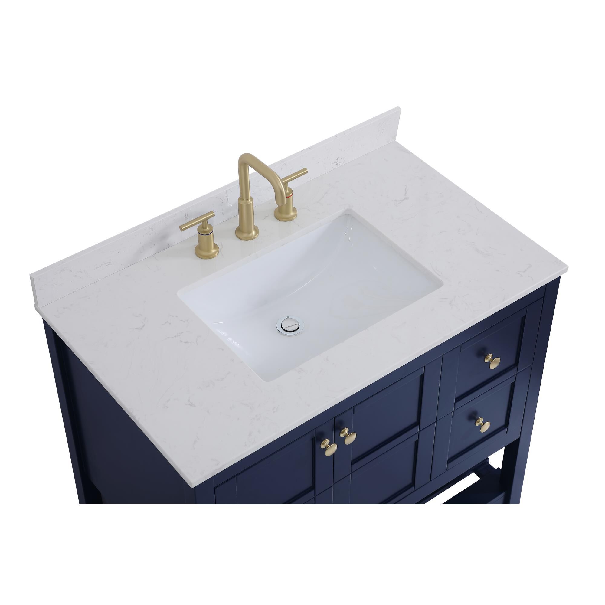 Shown in Blue And Gold With Calacatta Quartz finish