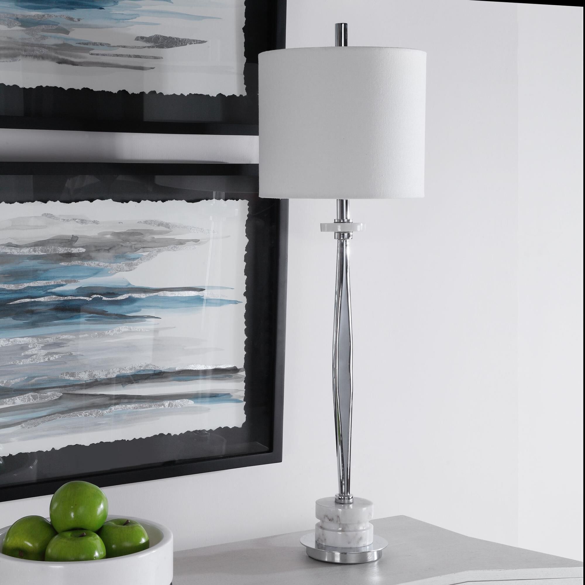 Shown in This Floor Lamp Features A Clean, Modern Look With A Chrome Plated Iron Base Paired With Polished Wh finish and Round Drum Hardback shade