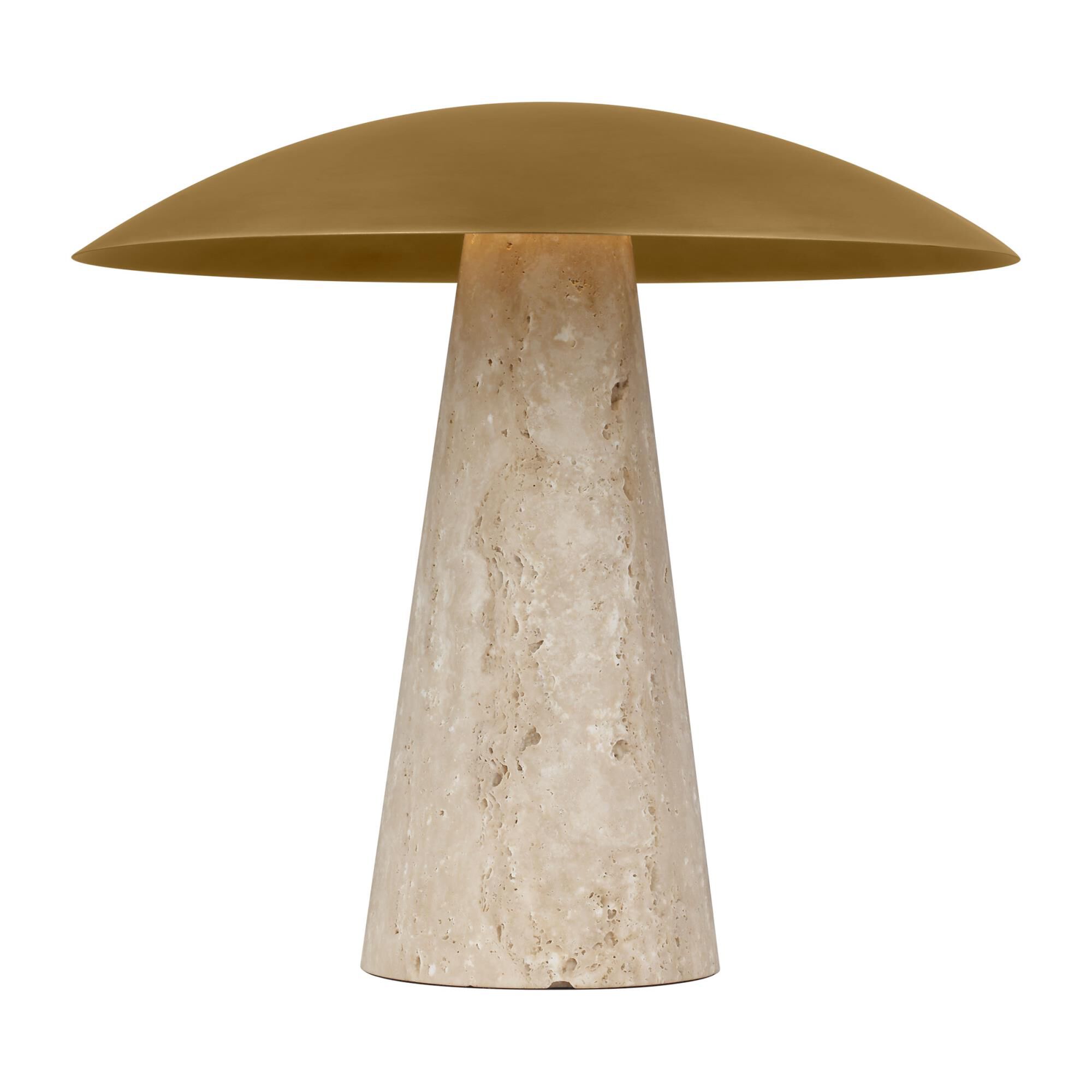 Shown in Natural Brass/Natural Travertine finish and Brass shade