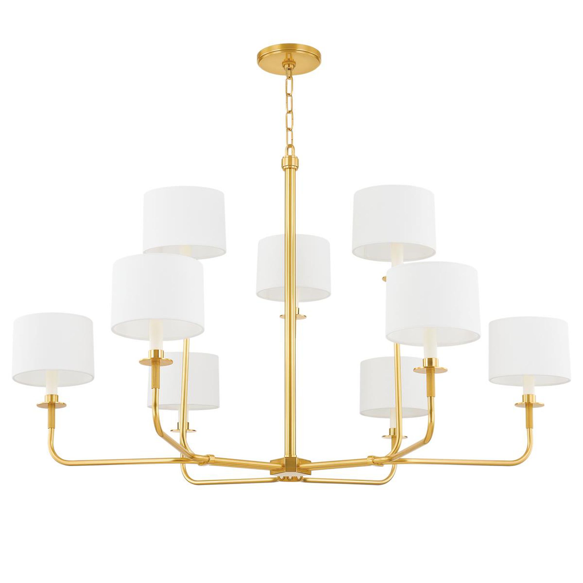 Shown in Aged Brass finish and White Linen shade