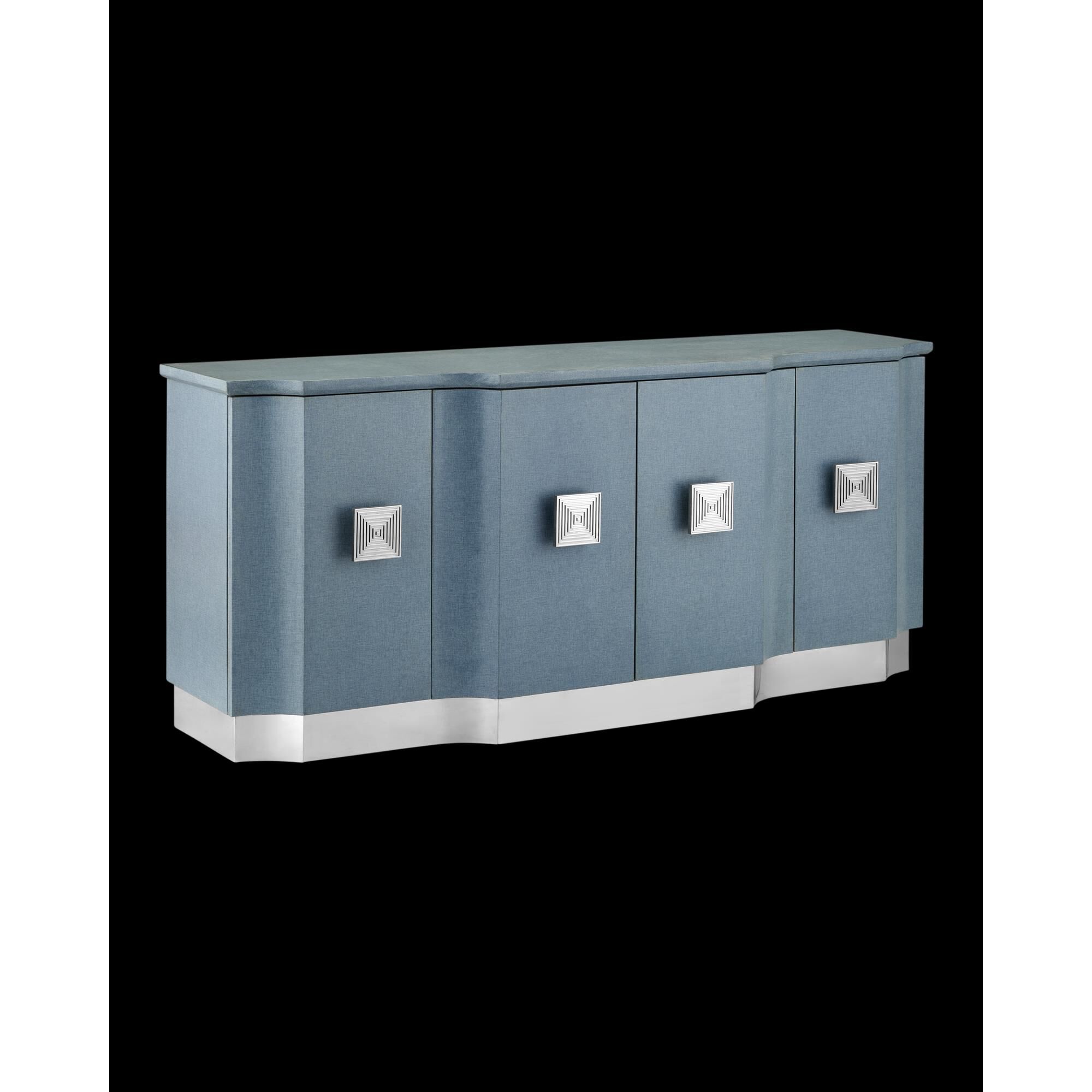 Shown in Lacquered Blue Linen, Washed Mahogany and Polished Stainless Steel finish