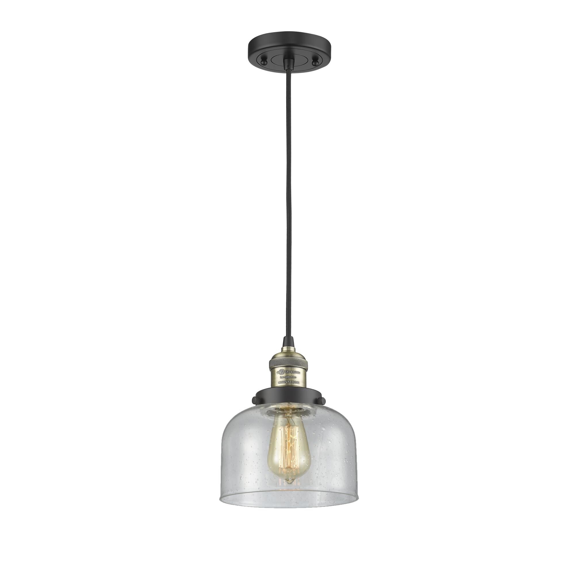 Shown in Black Antique Brass finish and Seedy glass