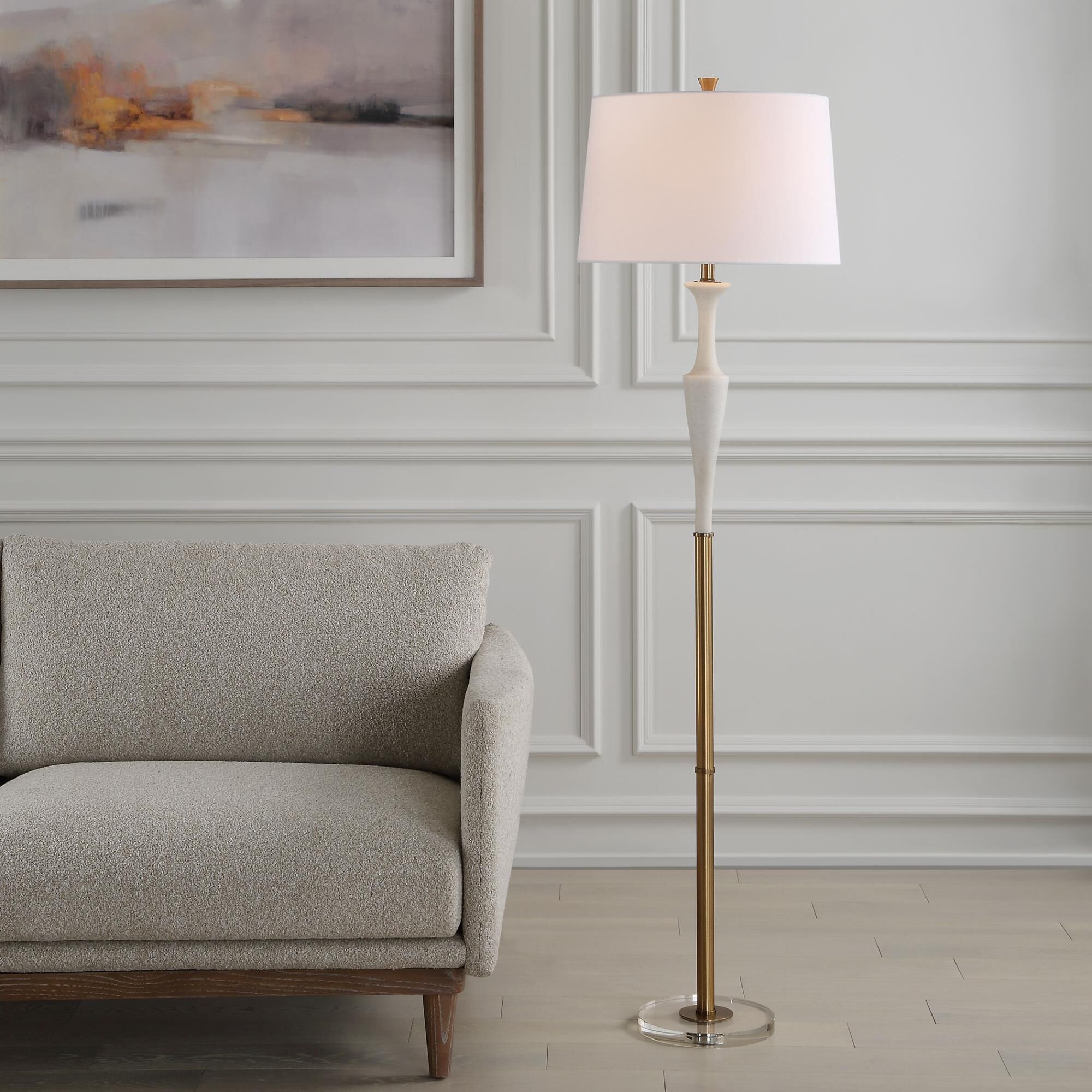 Shown in This Floor Lamp Adds An Air Of Elegance And Sophistication To Any Space. The Base Of The Lamp Is Cra finish and Round Hardback shade