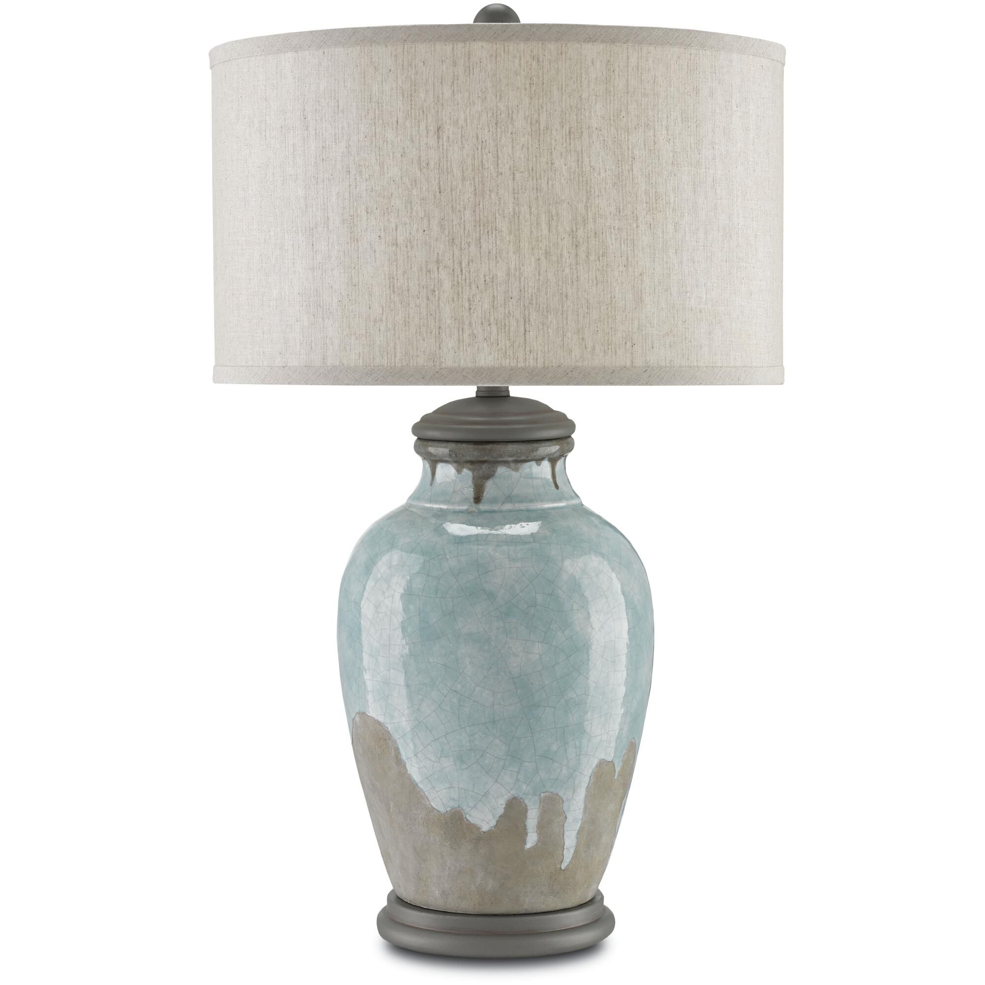 Shown in Blue-Green-Gray-Hiroshi Gray finish and Oatmeal Linen shade