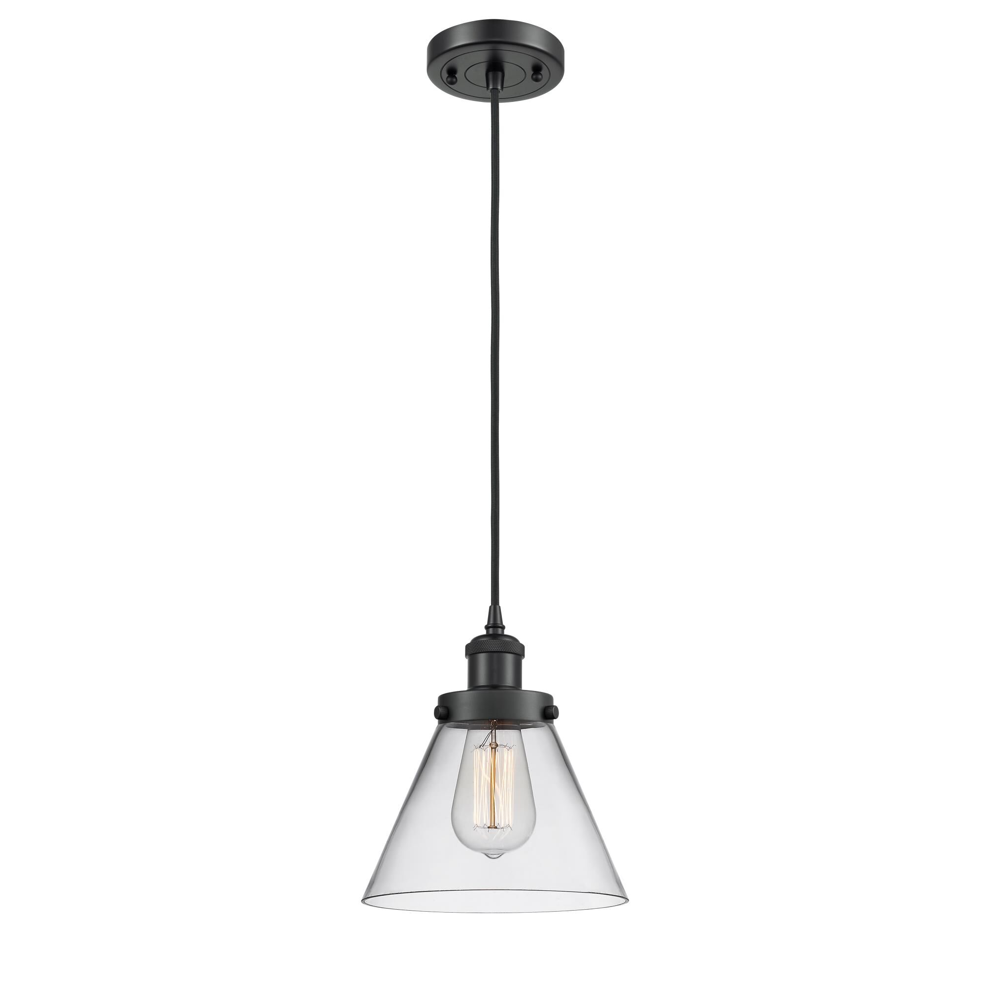 Shown in Matte Black finish and Cone glass and Glass shade