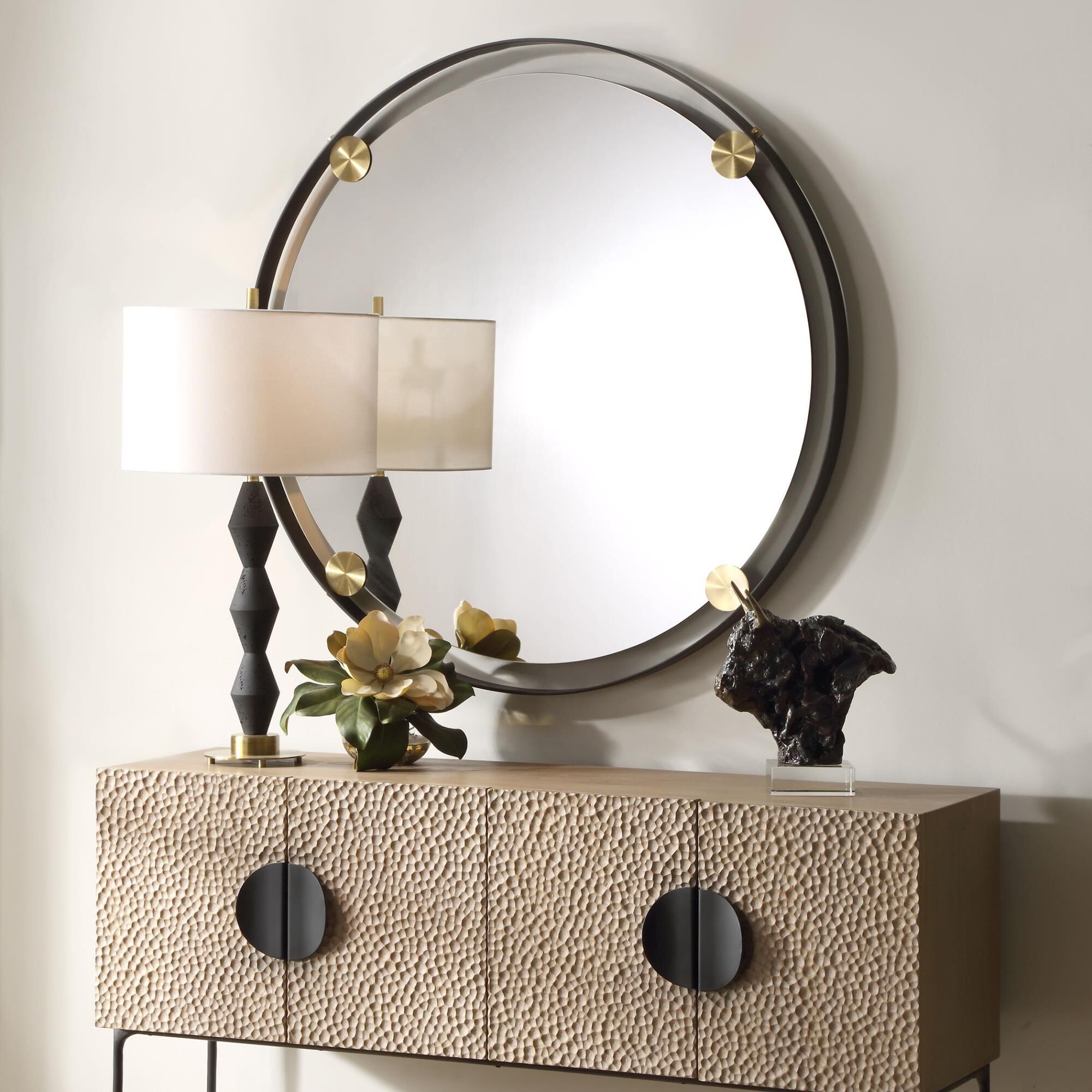 Shown in This Round Mirror Features A Hefty Dark Bronze Iron Frame That Exudes Contemporary Charm, While Plat finish