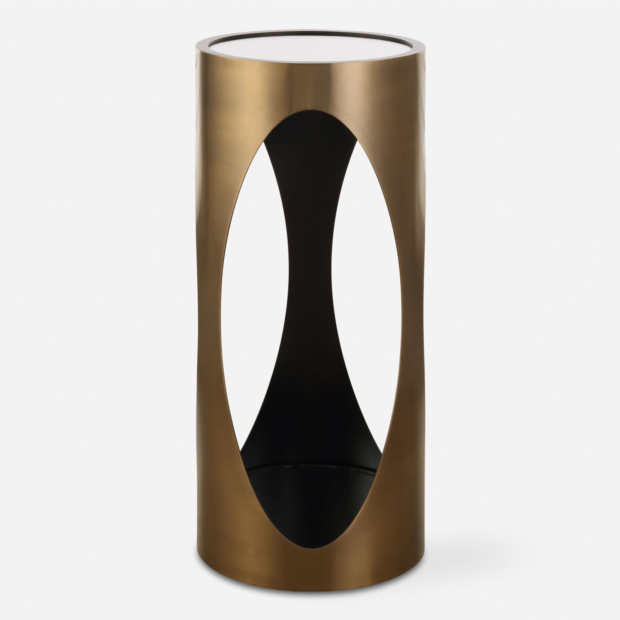 Shown in Achille's Mirrored Top Rests On A Sleek Brushed Brass Cylindrical Base Creating A Perfecting Resting finish