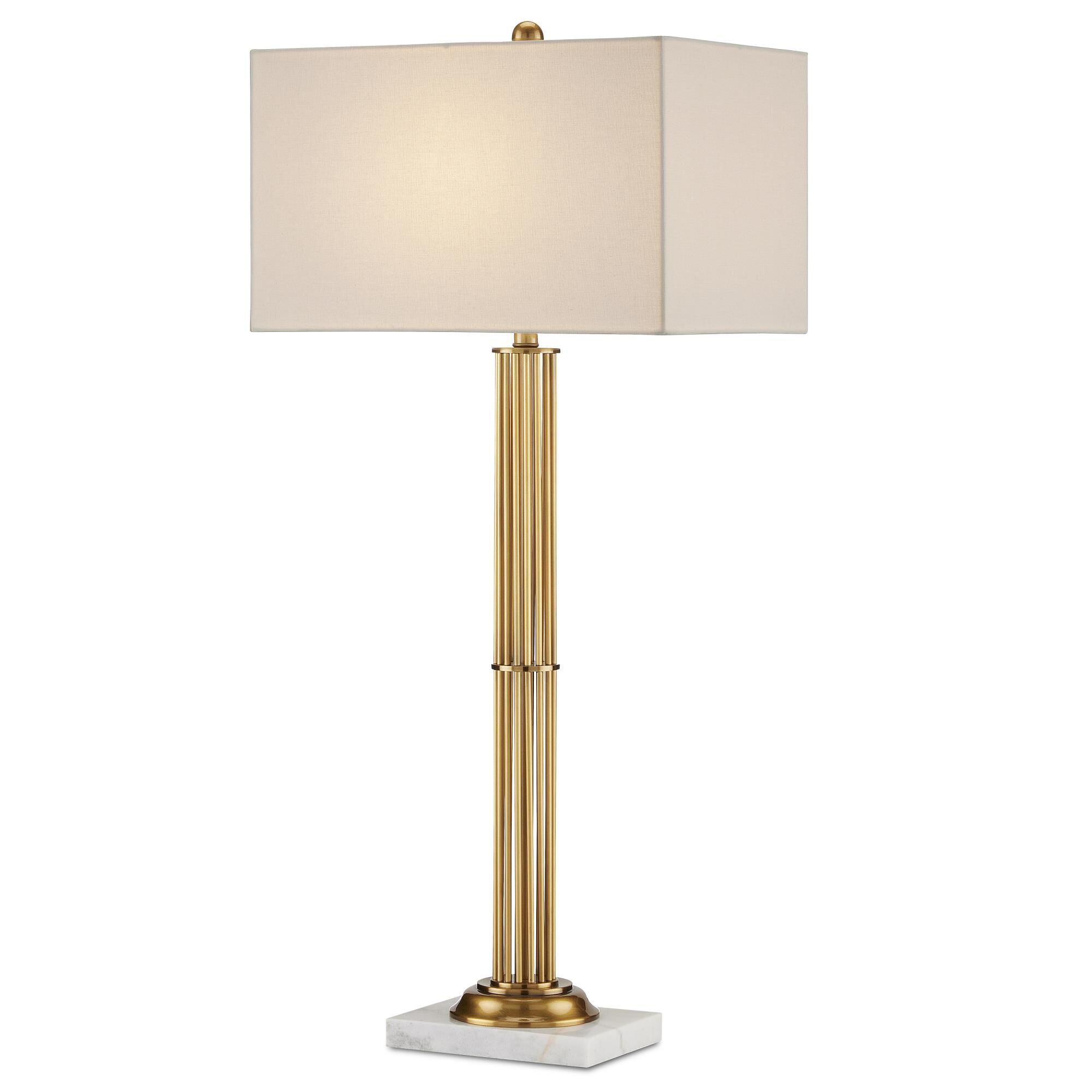 Shown in Antique Brass/White Marble finish and Bone Linen shade