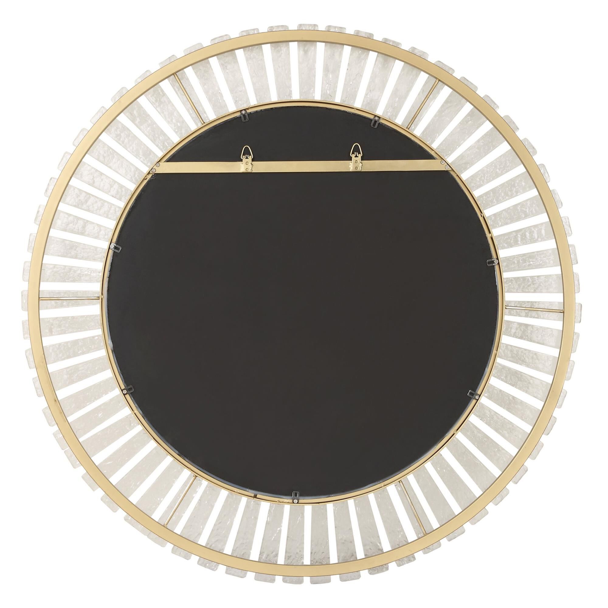 Shown in The Denali Round Mirror Features Textured Glass Keys Suspended Around Brushed Gold  Iron Frames. Mir finish