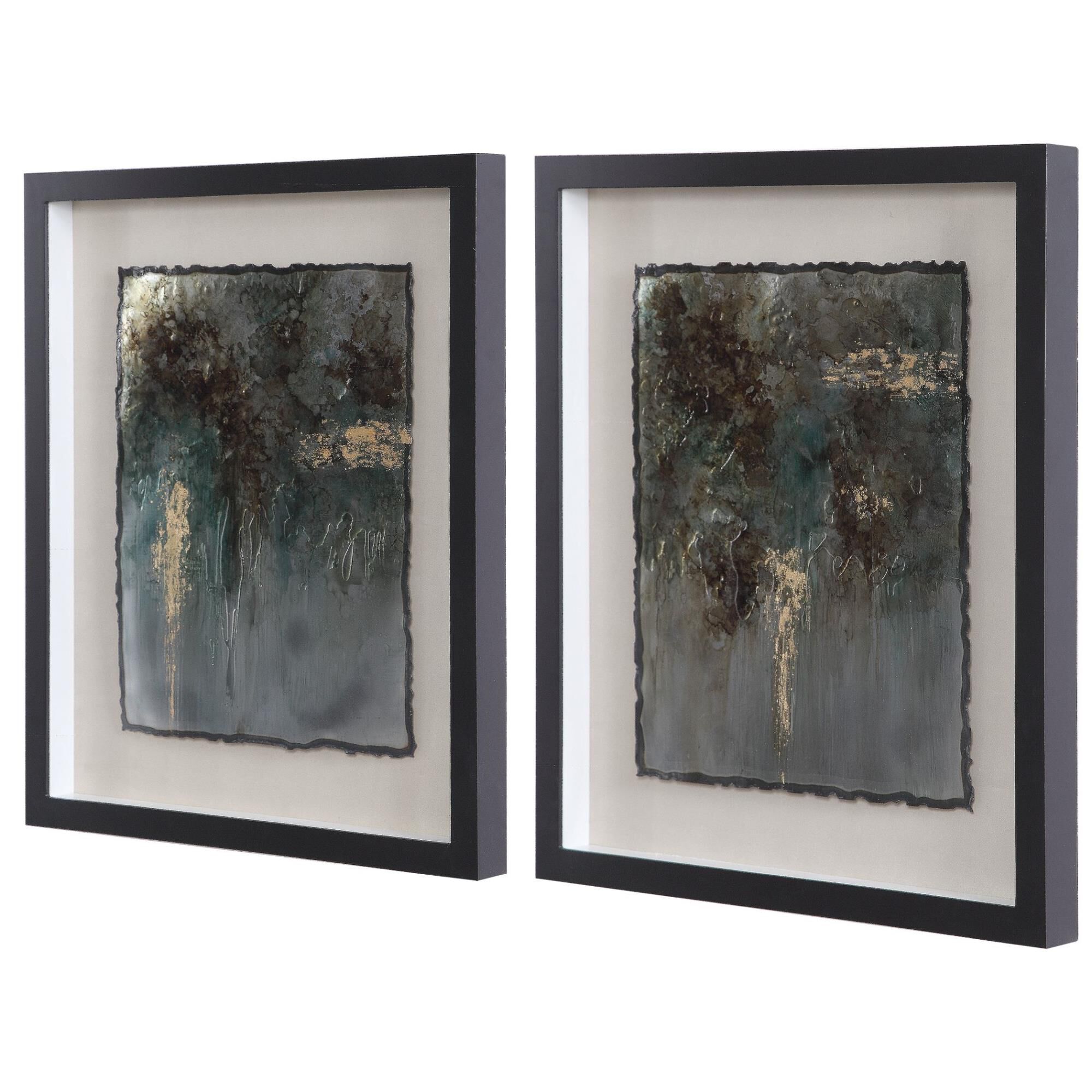 Shown in Silver Leaf, Gold Leaf, Green, Black, Burned Edges, Beige Background, Shadowbox Frame, Glass, Dark G finish