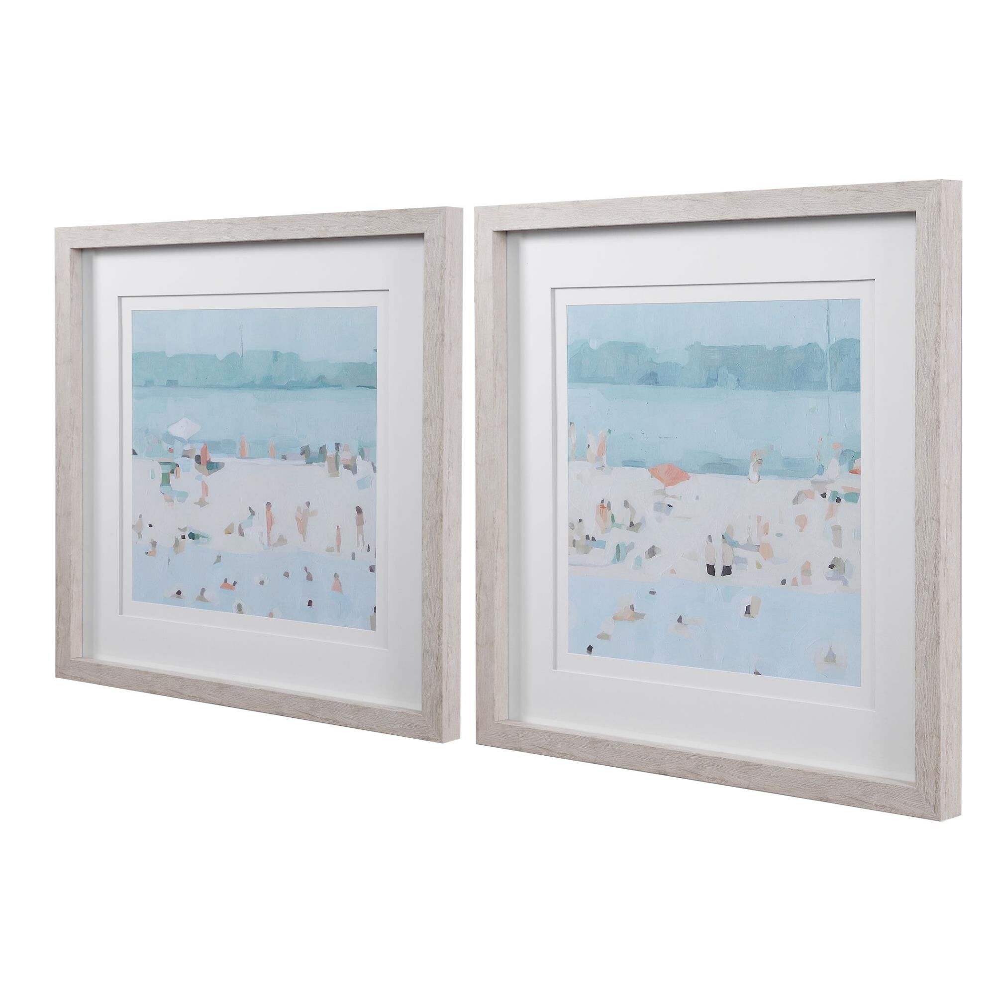 Shown in Beach Scene, Double White Mats, Light Driftwood Colored Frames, Light Blue, Blue, Teal, Tan, Peach,  finish