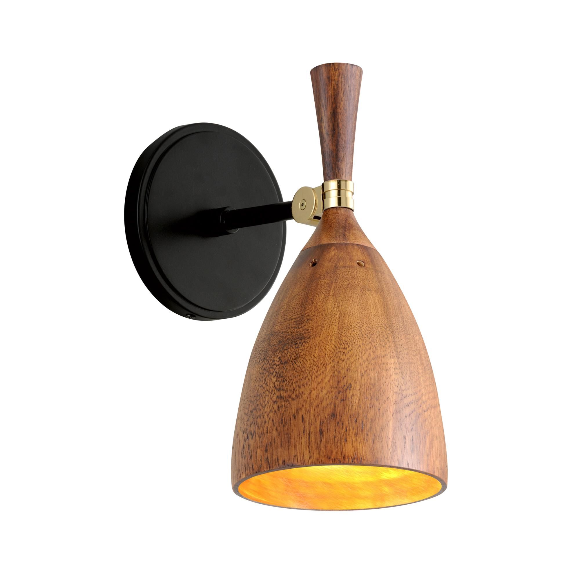 Shown in Satin Black finish and Acacia Wood shade and Polished Brass accent