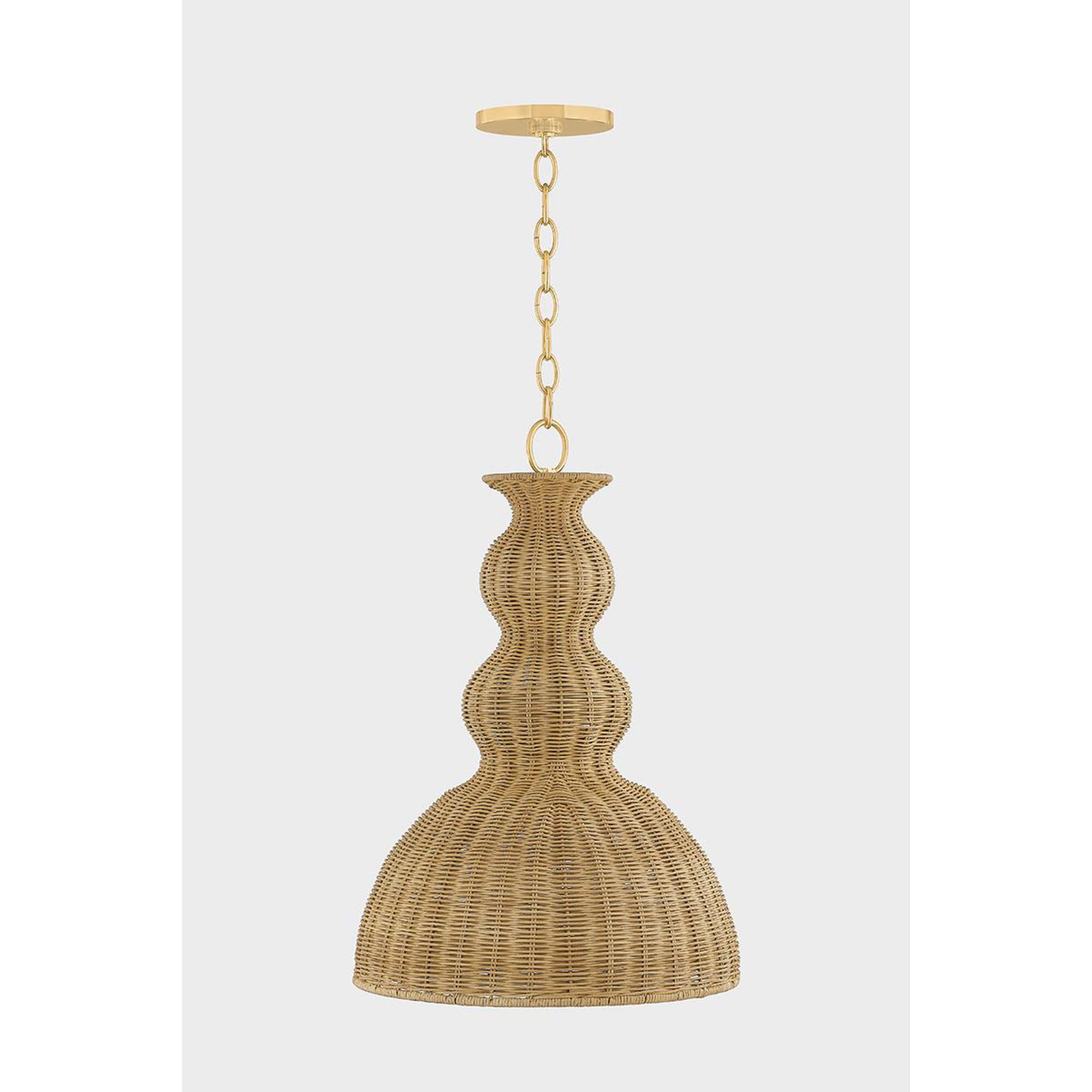 Shown in Aged Brass finish and Light Natural Wicker shade