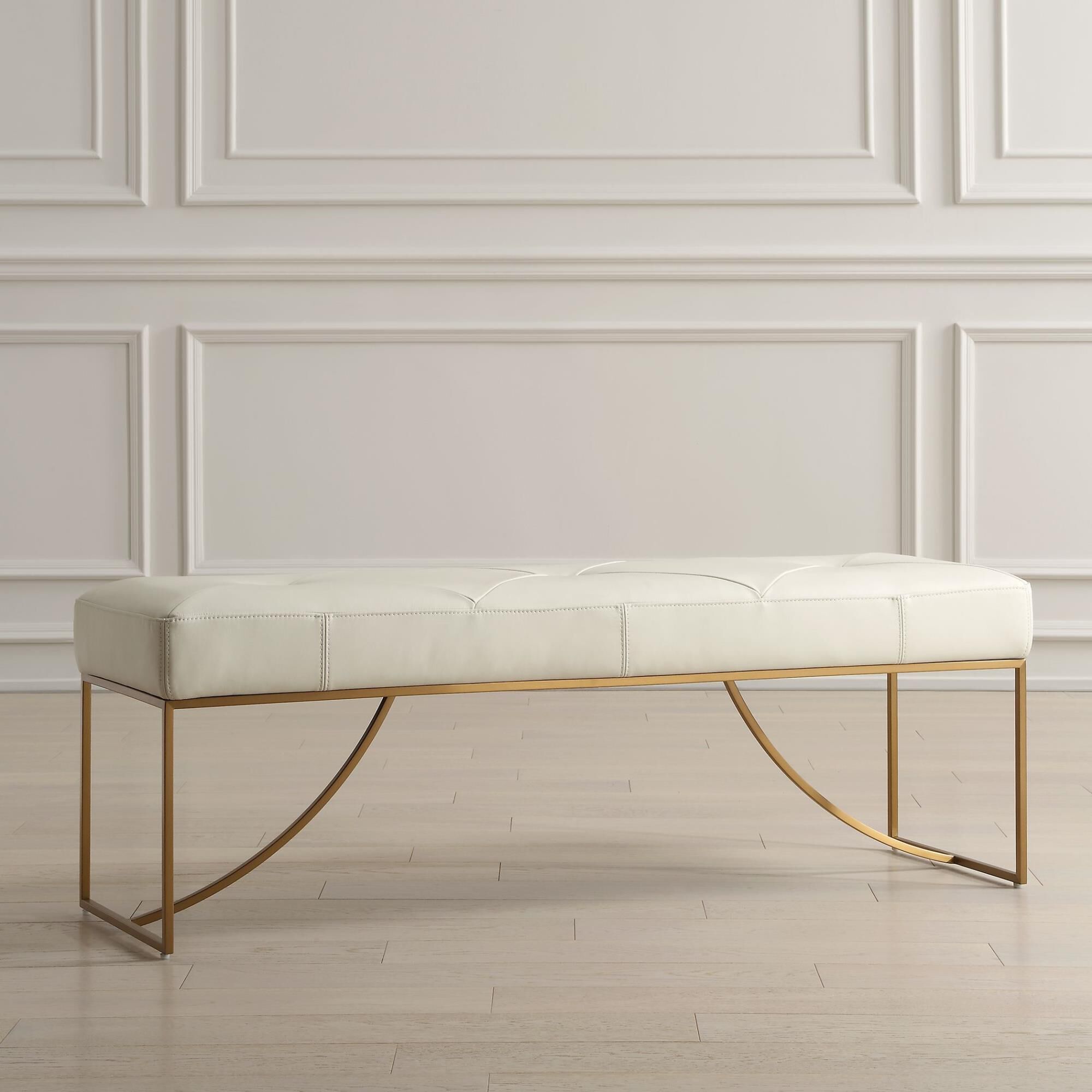 Shown in Elegant Curves Of The Stainless Steel Base In Plated Brushed Brass Support The Plush Diamond Tufted  finish