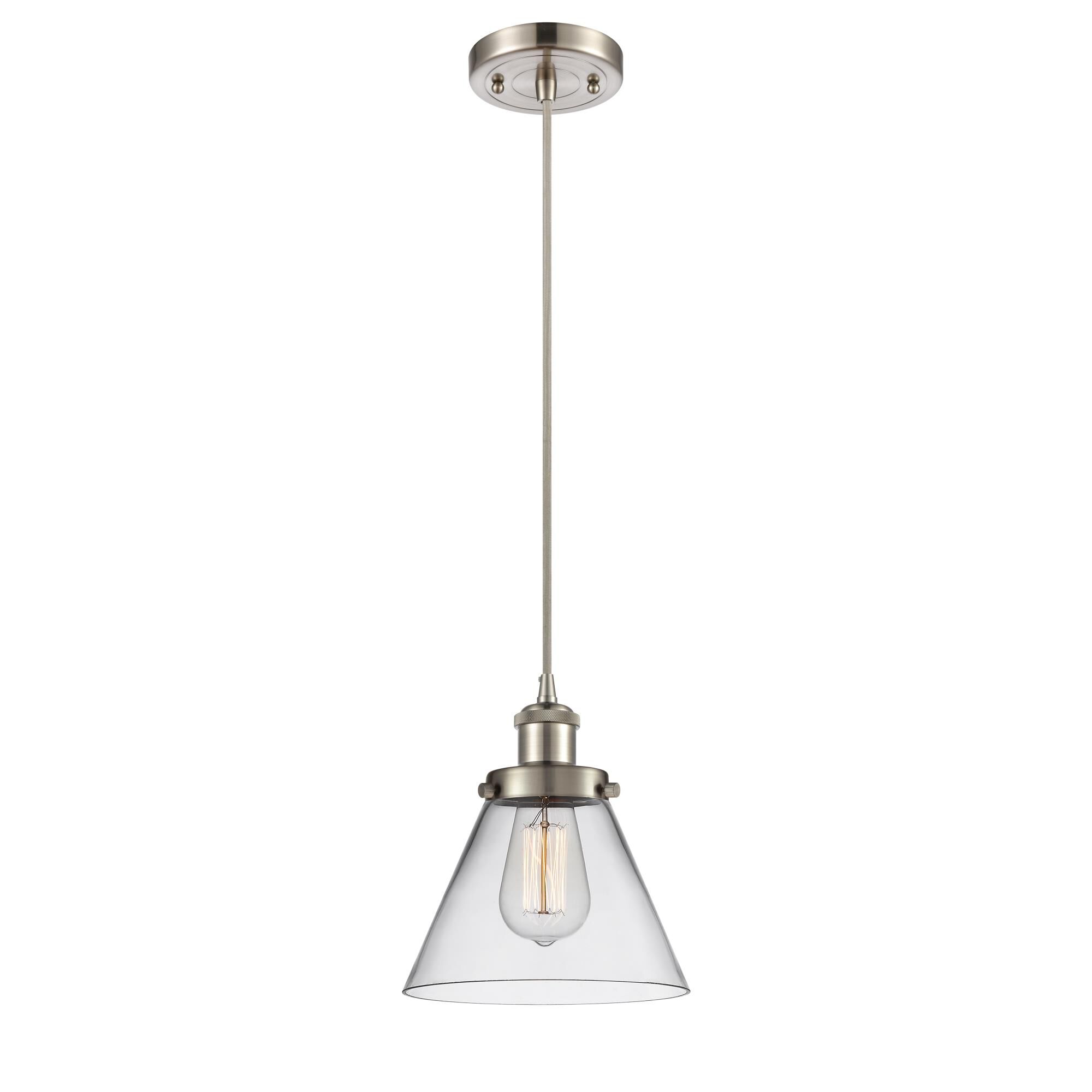 Shown in Brushed Satin Nickel finish and Cone glass and Glass shade