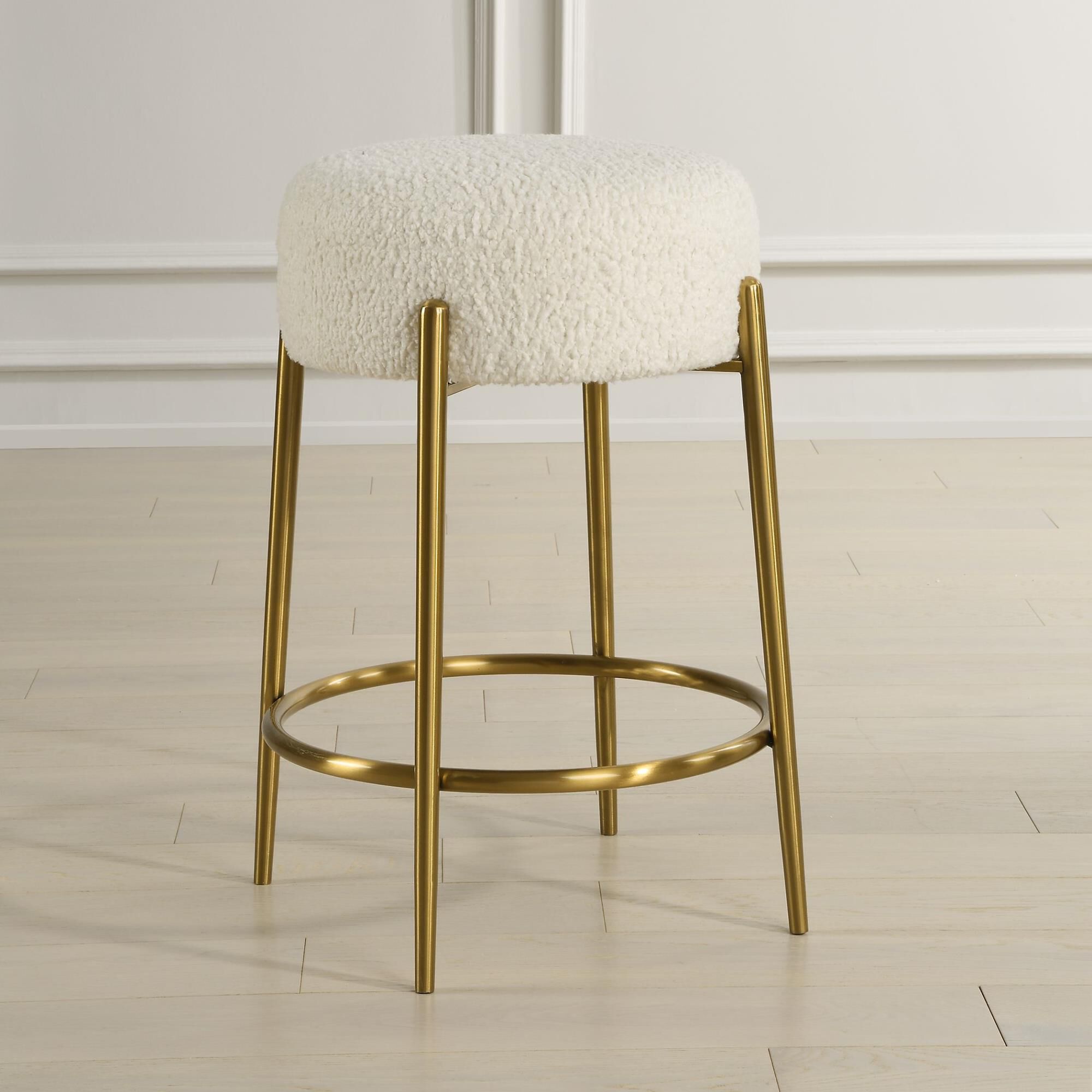 Shown in This Plush Counter Stool Is Covered In A Luxurious White Faux Shearling, Suspended Within Brushed Br finish