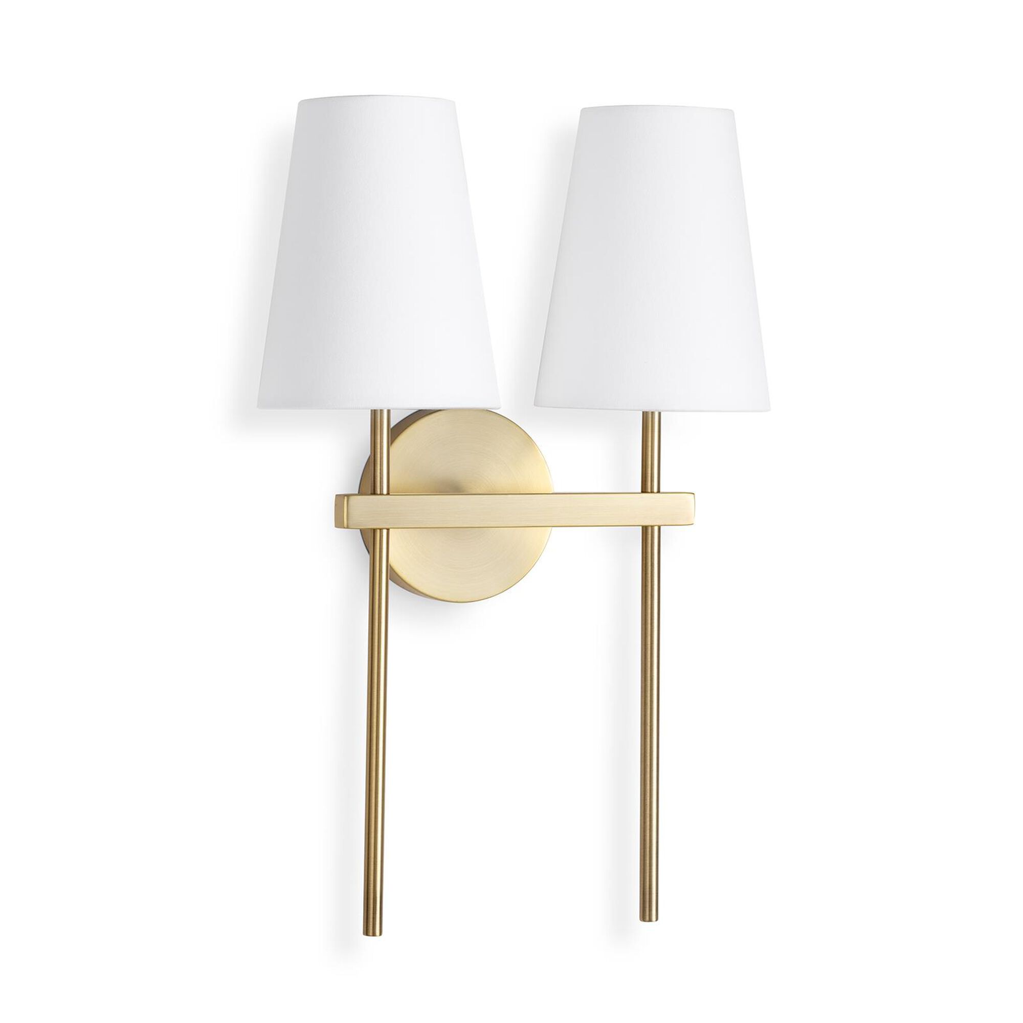 Shown in Natural Brass finish and Linen shade