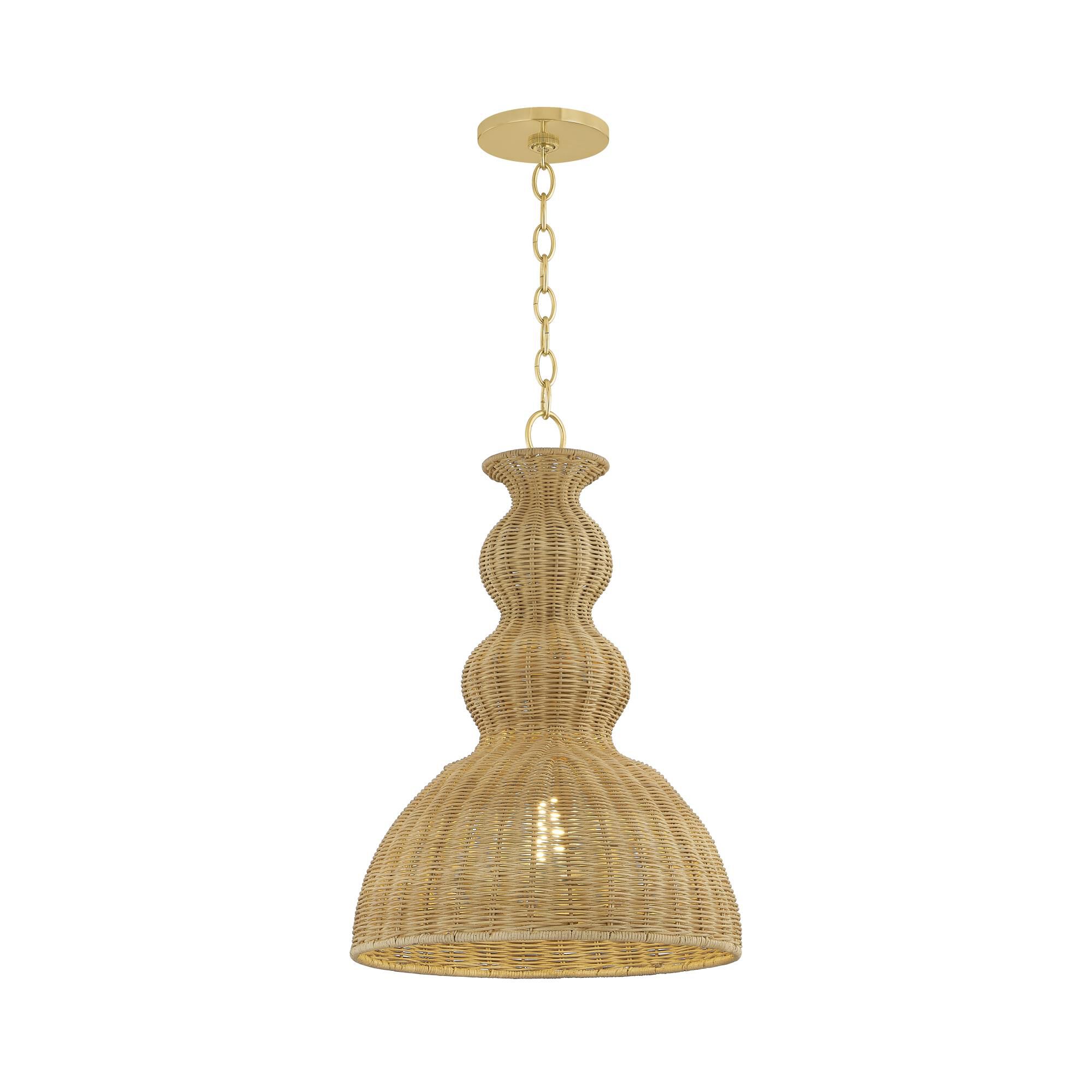 Shown in Aged Brass finish and Natural Woven shade