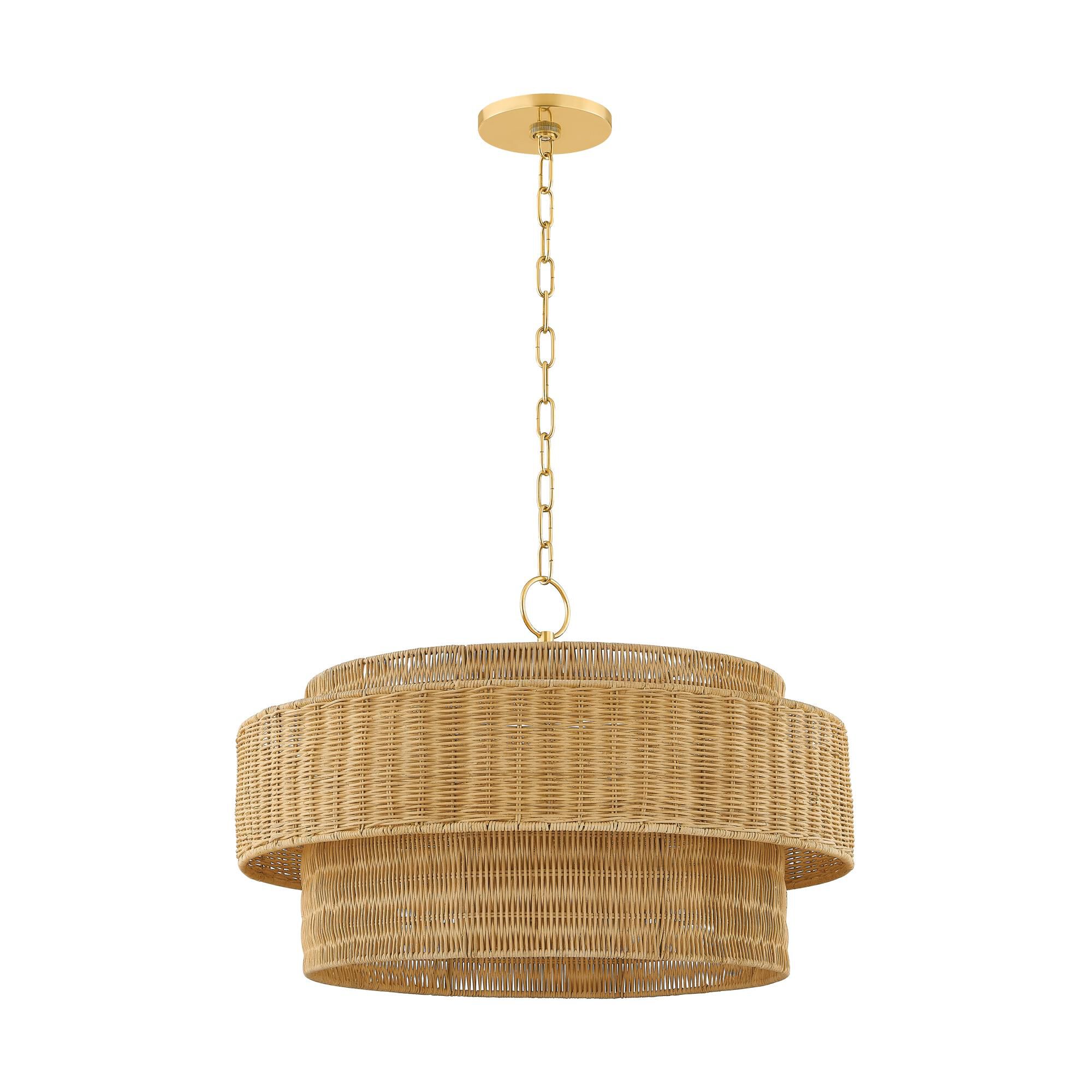 Shown in Aged Brass finish and Natural Woven shade